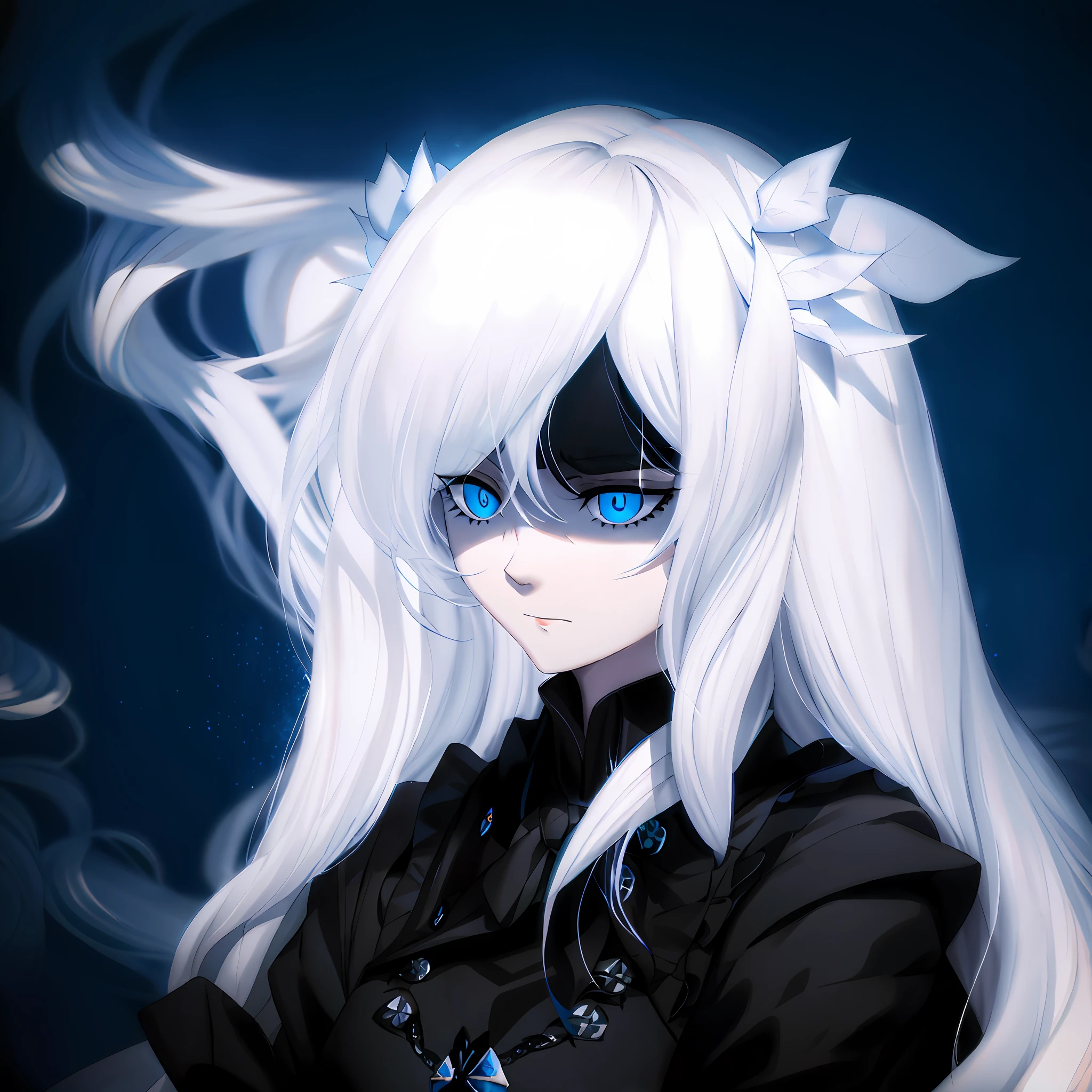 Long white hair, dull hair, dull hair!! , black clothes hands on chest, blue background, black shadow at the eyes, white and black eyes, realism, white long hair, mosaic optimization, female Yagami-an, disgust expression, disgust, female, royal sister, background optimization, background coloring