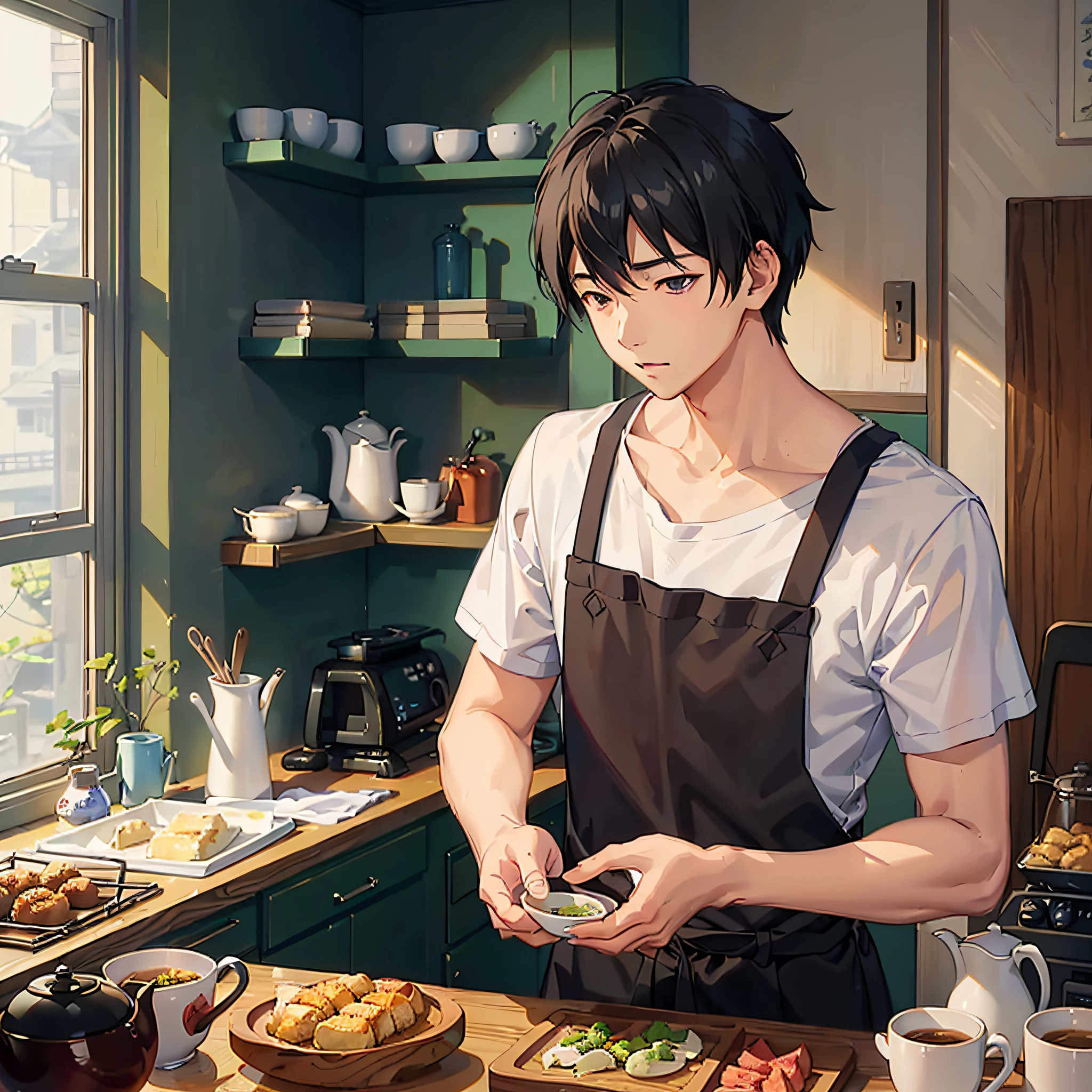 (image we're prompting): An Asian young man, groggy-eyed, preparing breakfast in the kitchen.
(5 descriptive keywords): Groggy, morning haze, culinary, morning routine, rejuvenating.
(Illustration style): Makoto Shinkai.
(camera lens type): Soft focus lens.
(time of day): Morning.
(style of Illustration): Subtle surrealism. --auto --s2