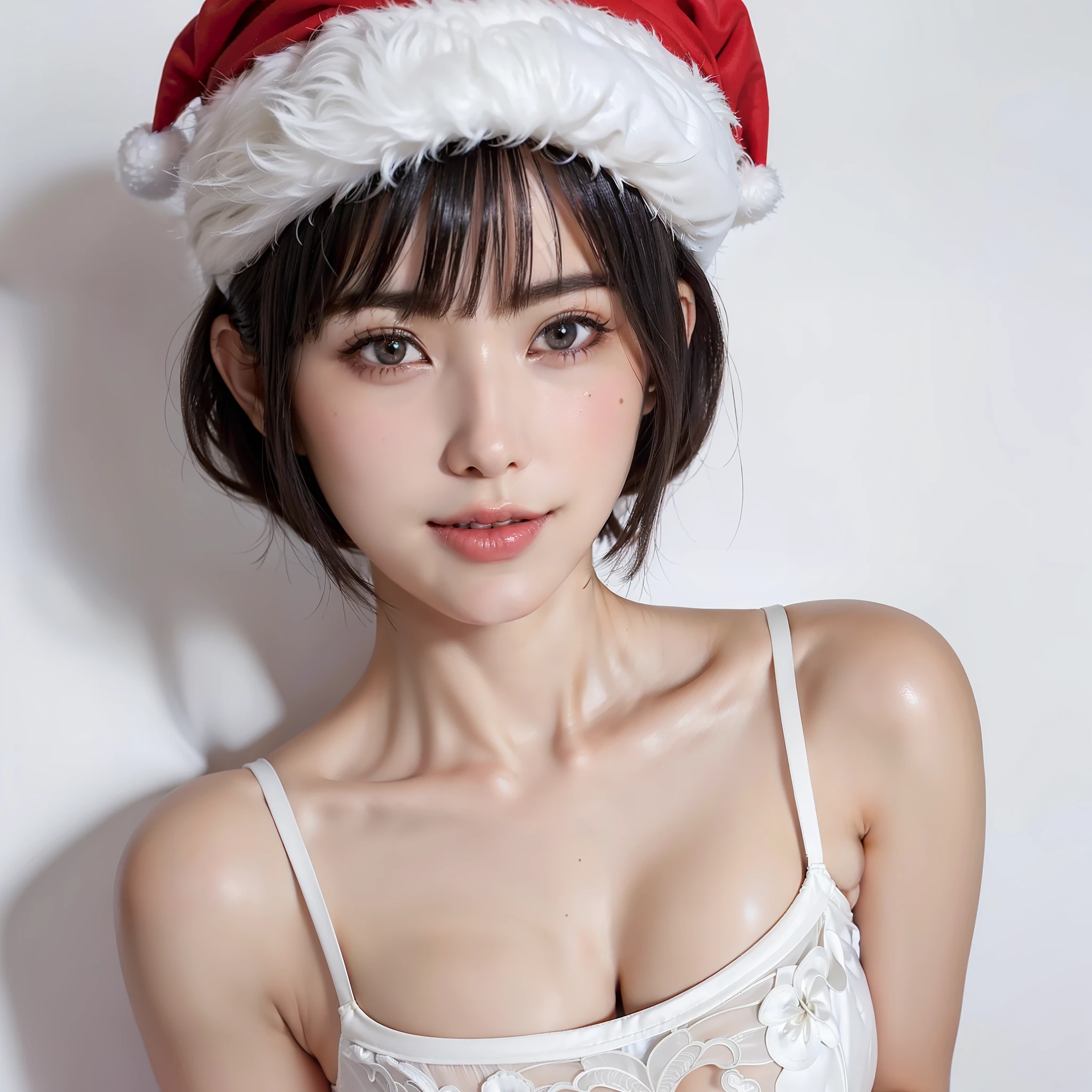 Masterpiece, top quality, ultra high resolution, high detailed portrait, (photorealistic photo: 1.4), (1 girl) ((1 girl, white fair skin, kneeling, from above, looking up at the viewer, gaze staring at the camera, staring at the viewer, face close-up, 19 years old, pretty, cute, clean black hair, shiny black hair, bob_cut, short hair, big breasts, big)) (attractive, Santa Claus hat, Santa Claus costume) (portrait of a pretty actress), (smile, happy, joyful, cheerful, happy smile), (breasts tucked between the arms of the chest), high detailed eyes, ((really snow-white background, nothing background)), ((long neck, bangs, bangs, pretty face, gaze staring at the camera, eyelashes, big eyes, clear eyes, clear eyelids, teary moles, Glossy skin, clean skin type, clean collarbone, lip gloss))