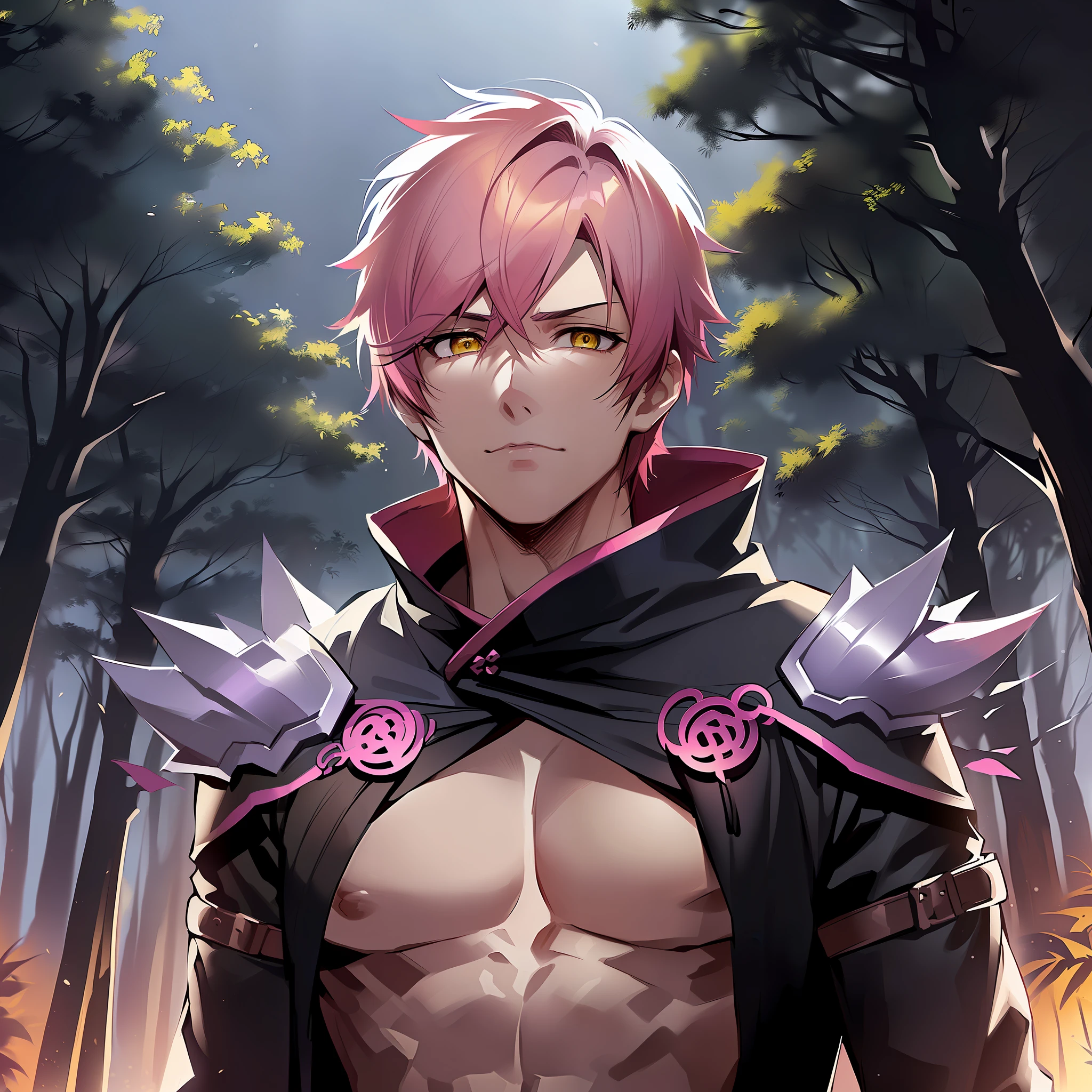 anime image of a man with dark pink hair and yellow eyes, short hair, spiky hair, 1man, solo man, anime handsome man, name of the character is chad, pink - haired anime boy, male anime character, expressionless, emotionless, head shot, close up shot, deep in a forest, dark night, night, black night, deep night, night sky, ninja clothing, japanese clothing, dark clothing