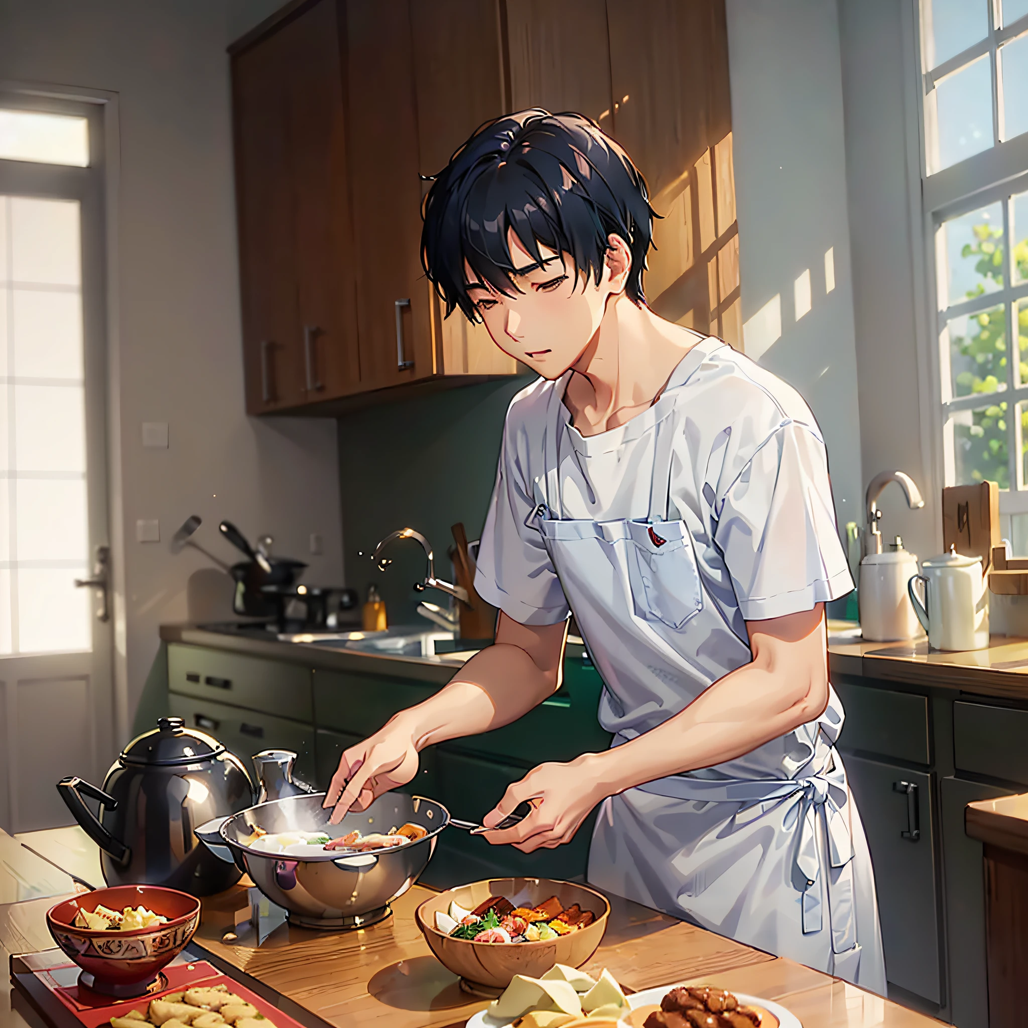 (image we're prompting): An Asian young man, groggy-eyed, preparing breakfast in the kitchen.
(5 descriptive keywords): Groggy, morning haze, culinary, morning routine, rejuvenating.
(Illustration style): Makoto Shinkai.
(camera lens type): Soft focus lens.
(time of day): Morning.
(style of Illustration): Subtle surrealism. --auto --s2