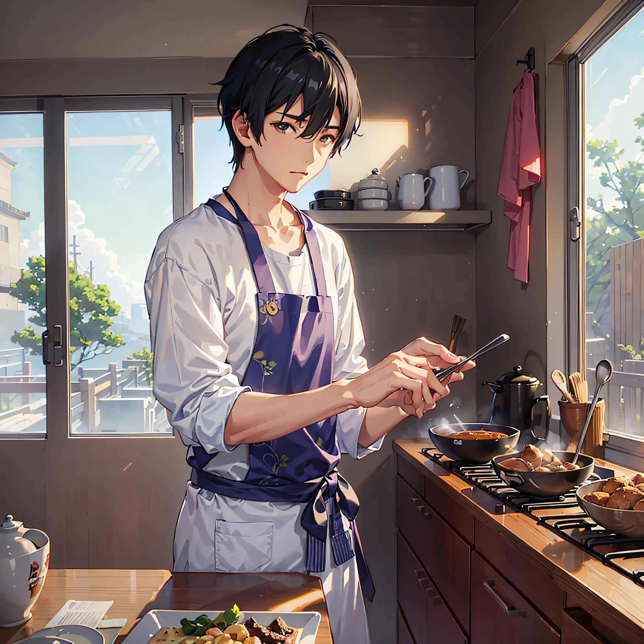 (image we're prompting): An Asian young man, groggy-eyed, preparing breakfast in the kitchen.
(5 descriptive keywords): Groggy, morning haze, culinary, morning routine, rejuvenating.
(Illustration style): Makoto Shinkai.
(camera lens type): Soft focus lens.
(time of day): Morning.
(style of Illustration): Subtle surrealism. --auto --s2