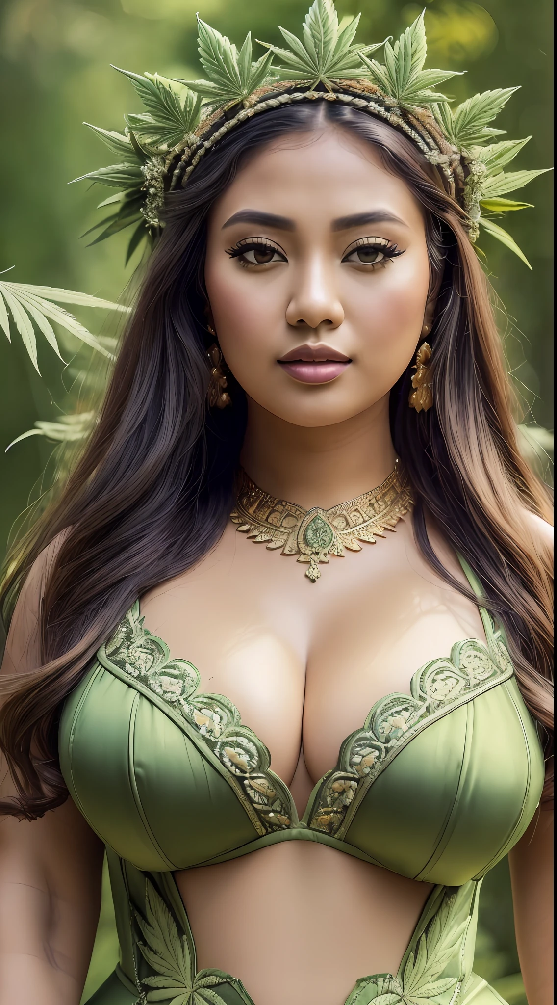 (extremely detailed CG unity 8k wallpaper:1.5),<(masterpiece:1.5), (best quality:1.7), high resolution illustration, (finely detailed eyes and detailed face:1.3), (detail:1.3, best quality, (ultra-detailed), (an extremely delicate and beautiful), (illustration), (painting),(masterpiece:1.5),cinematic light,dynamic angle,floating,sharp focus,(2d:1.7), (best quality:1.3),(illustration:1.1),((disheveled hair:1.2),(beautiful detailed eyes:1.1),(cinematic light:1.1), (marijuana goddess:1.2), (cannabis goddess:1.2), (ganja goddess:1.2), (weed goddess:1.2), (hemp goddess:1.2), (marijuana leaf crown:1.2), (Beautiful Indonesian Girl), wearing a sexy traditional Indonesian Kebaya dress, curvy body type, voluptuous body type, curvy body type, thick body type, big chest, big boobs, ((full-body portrait)), (Indonesian Art Culture) , Marijuana Indonesia Park background