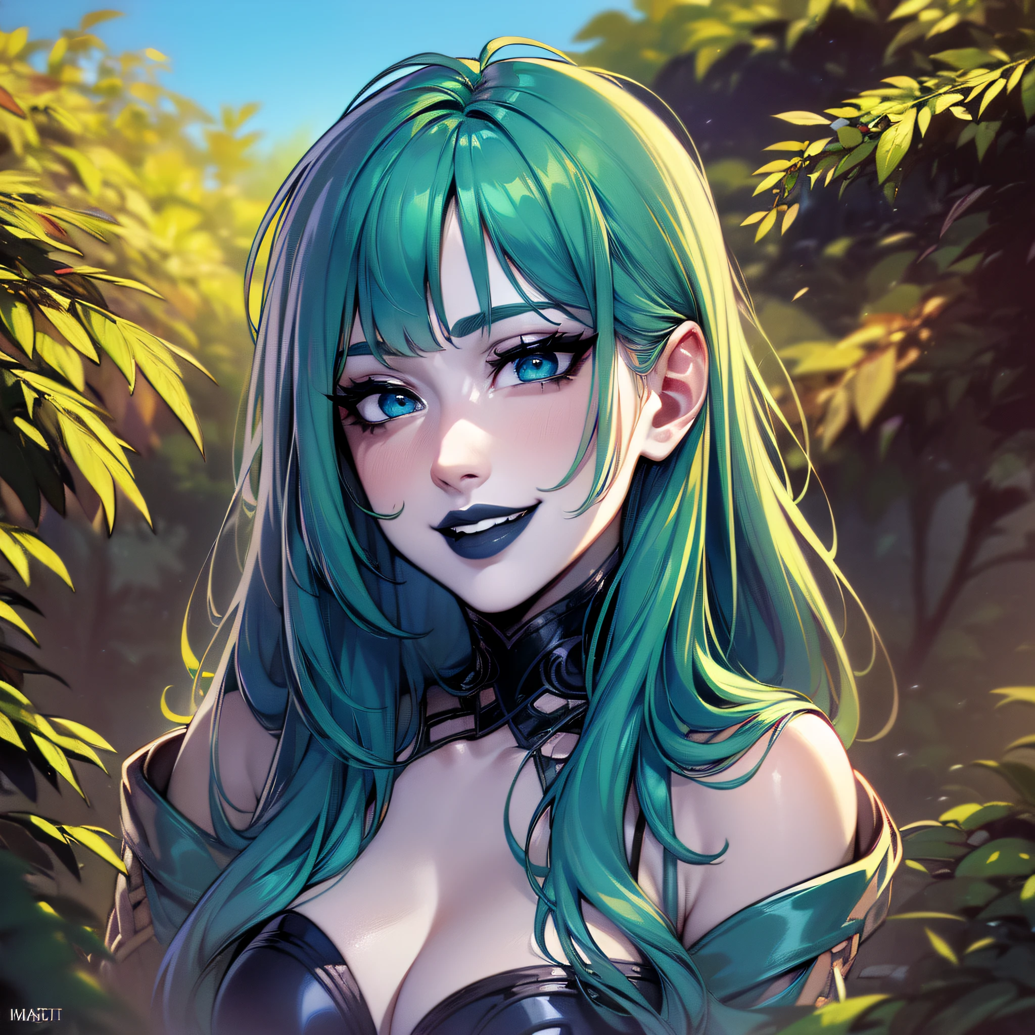 (masterpiece, high_quality:1.4), comics style, color explosion, portrait, medium chest, long emerald colored hair with teal highlights, blue eyes, black lips, smiling deviously, laughing maniacally, in the garden, detailed background