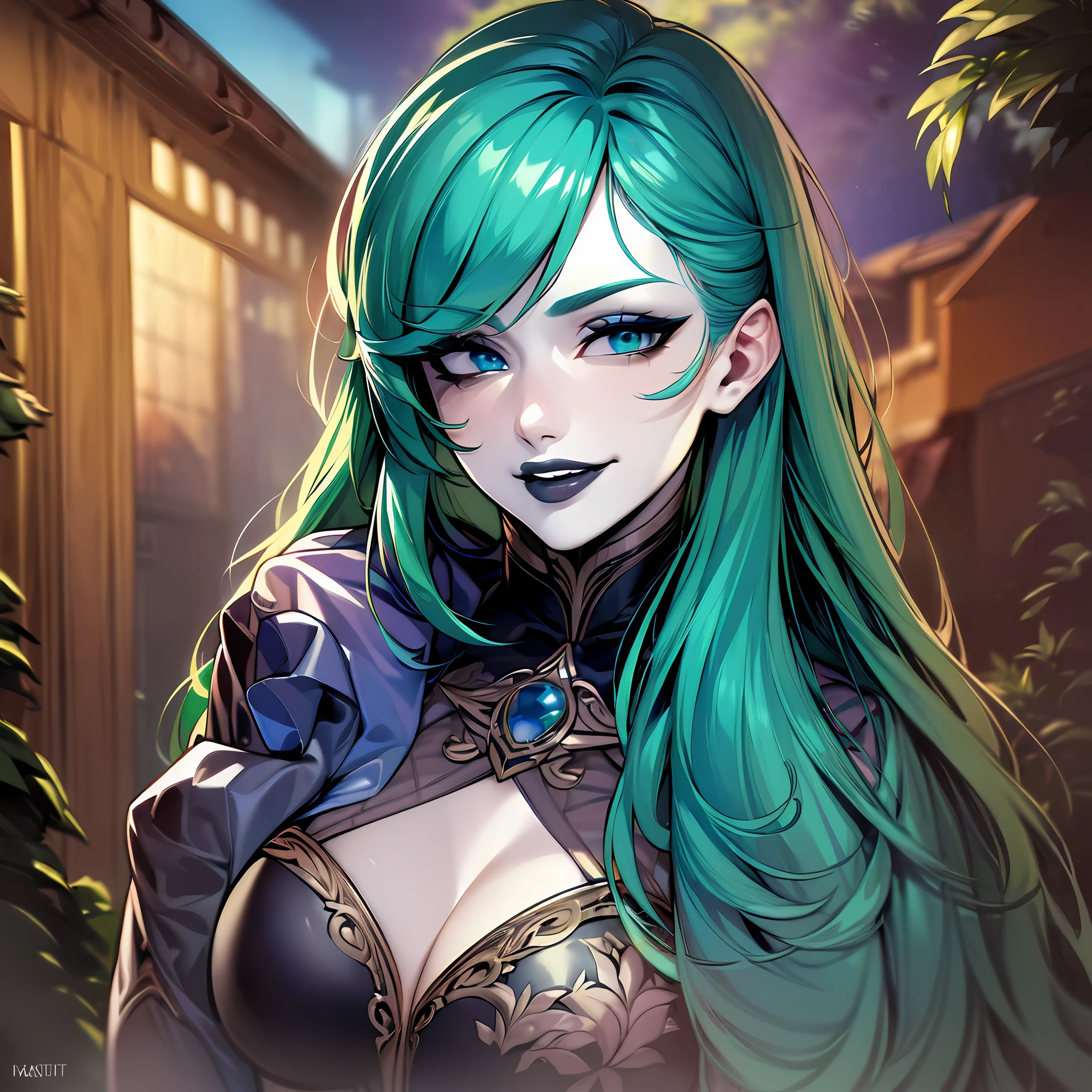 (masterpiece, high_quality:1.4), comics style, color explosion, portrait, medium chest, long emerald colored hair with teal highlights, blue eyes, black lips, smiling deviously, laughing maniacally, in the garden, detailed background