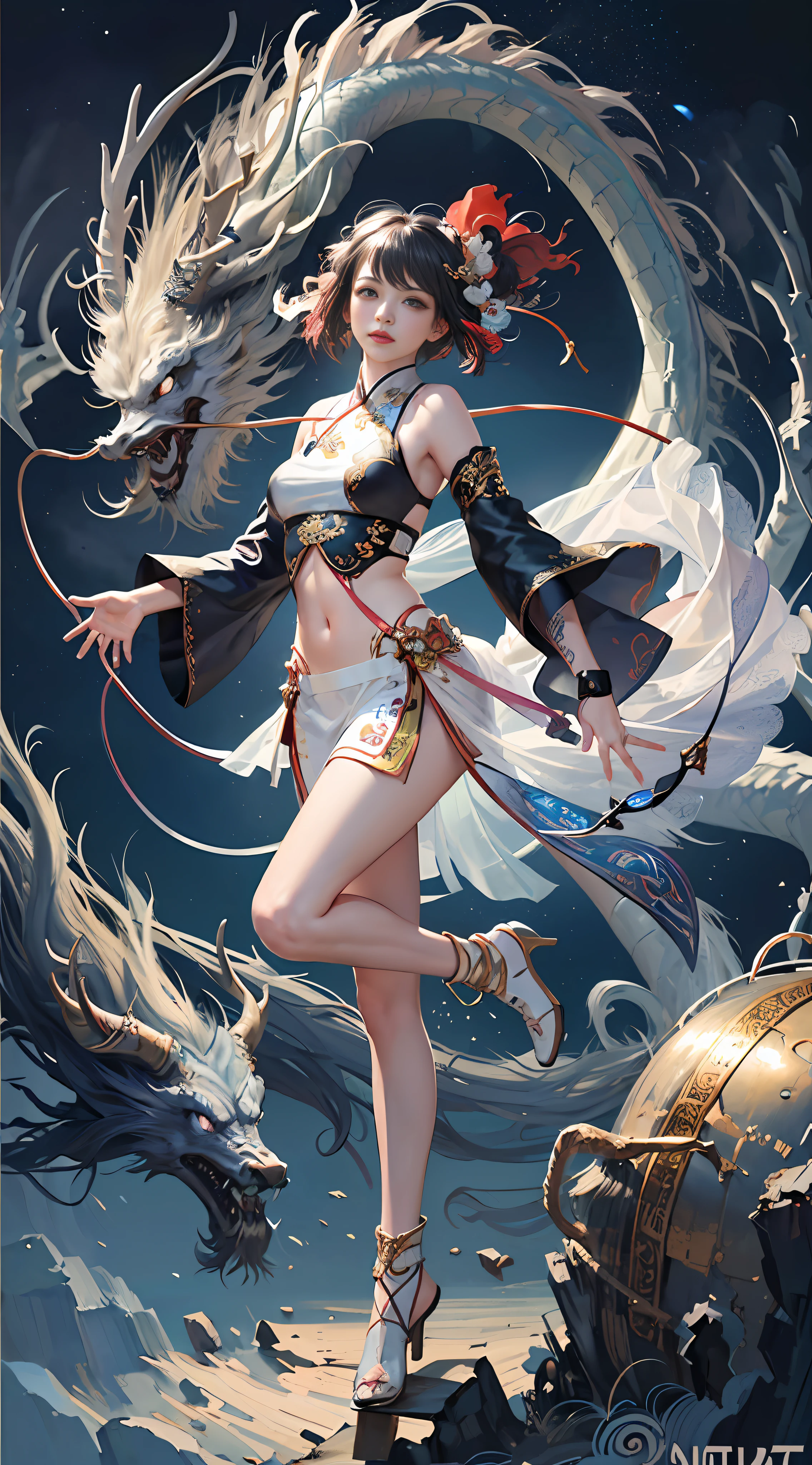 Official Art, Unified 8K Wallpapers, Ultra Detailed, Beautiful and Aesthetic, Masterpiece, Best Quality, (Zentangle, Tangle, Entangle), (fractal art: 1.4), (character center: 1.2), 1girl, black hair, Chinese, bare shoulders, short skirt, calf, navel, very detailed, dynamic angle, cowboyshot, (most beautiful form of chaos), ethereal, (bright colors), oc, (half: 1.2), china, (thangka flying sky: 1.5), (ribbon: 1.3), (dream: 1.5), (hanfu: 1.5), Chinese dragon, (smile: 0.5), (Chinese deity),