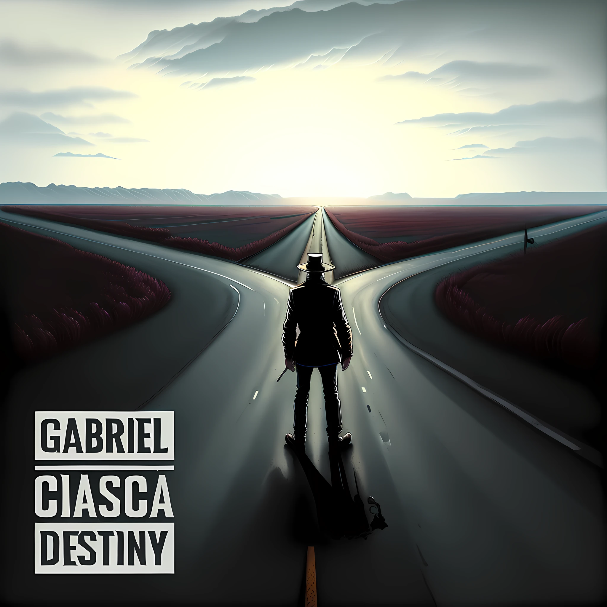 image of a man without a hat standing on a road with a fork in the middle, destination, album cover, promotional art, new album cover, album cover!, album cover, inspired by Giorgio Cavallon, official art, music album cover, by Gabriel Ba, album art, inspired by Gabriel Ba, inspired by Slava Raškaj,  album art cover