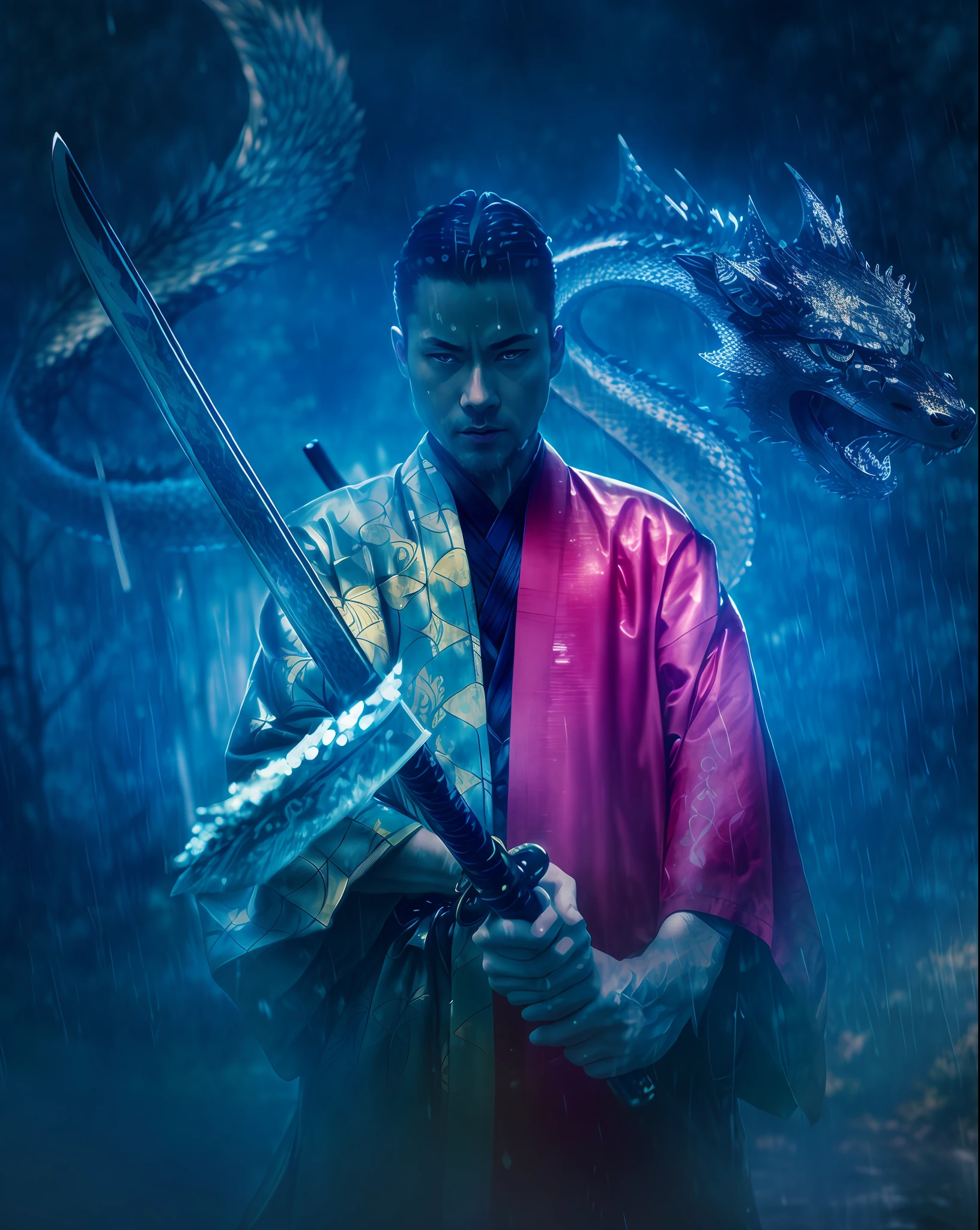 rain falling,white man, holding katana, water over katana, background with rain, drops, dragon made of water particles, water, fog, background with blurred trees, katana with Japanese writings, improved shadow and light, katana kimetsu no yaiba, official artwork ((masterpiece)),((best quality)),((high detail)),((realistic ,)) ((ultra detail))