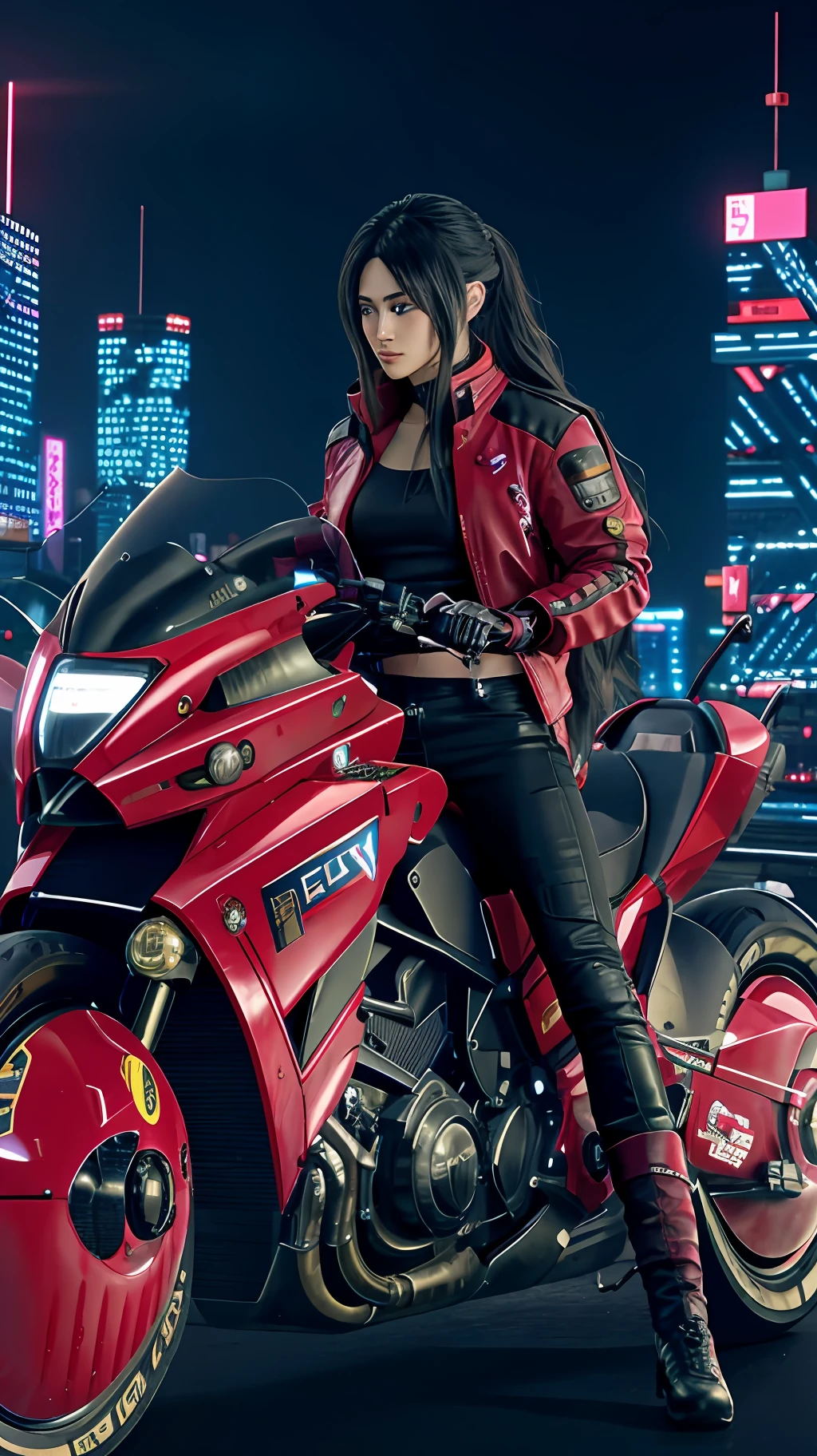 official art, unity 8k wallpaper, ultra detailed, beautiful and aesthetic, masterpiece, best quality, realist, long hair, black hair, akirabike red, cycling, night, cyberpunk city view, epic screen, cyberpunk uniform,