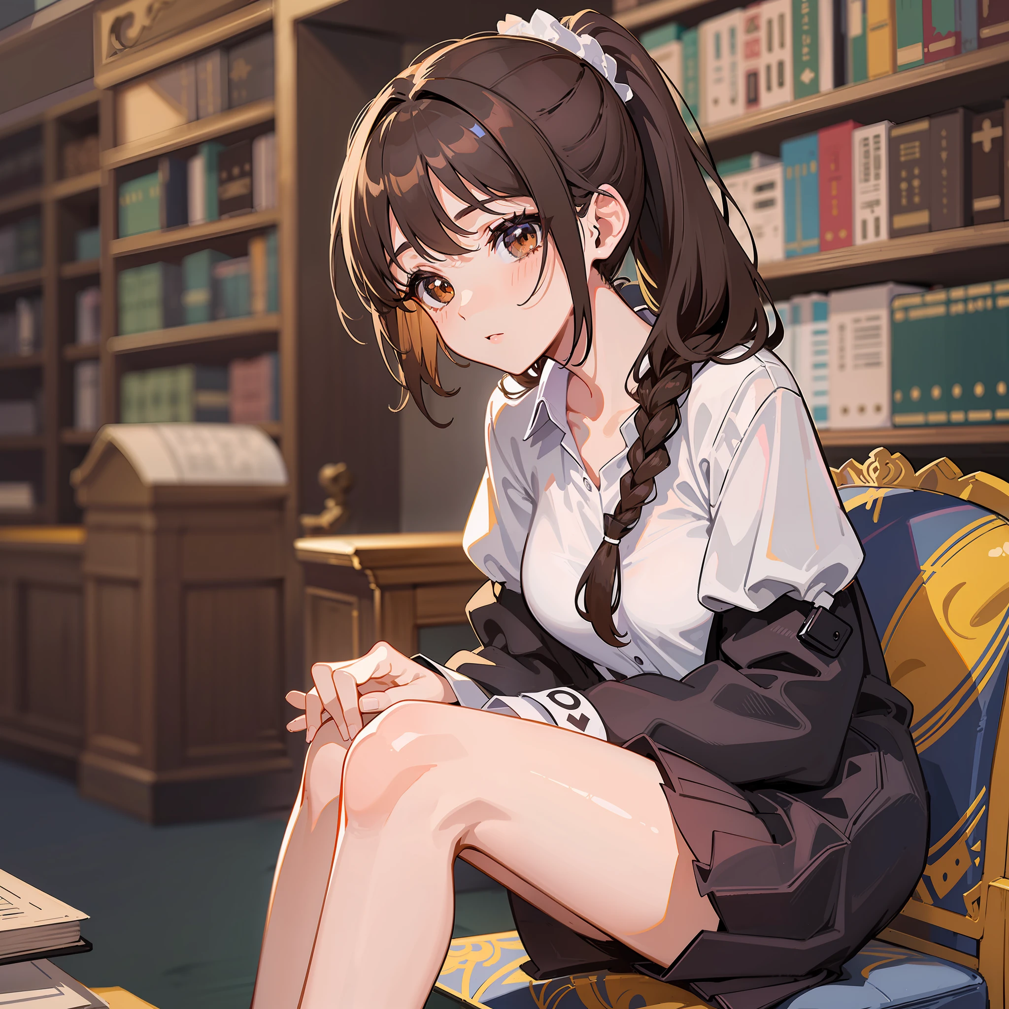 (The best picture quality, super detailed light and shadow, literary cute girl sitting in a quiet library, high ponytail half-dyed gradient, big brown eyes slightly narrowed, playful and good-looking, black and brown hair coiled into a neat high ponytail, two single braids hanging down the chest.) The simple, decent black long-sleeved shirt and buckled shoes with white socks are particularly attractive. She sits cross-kneeled, elegantly blending into the idyllic backdrop of the library, full of literary atmosphere. )