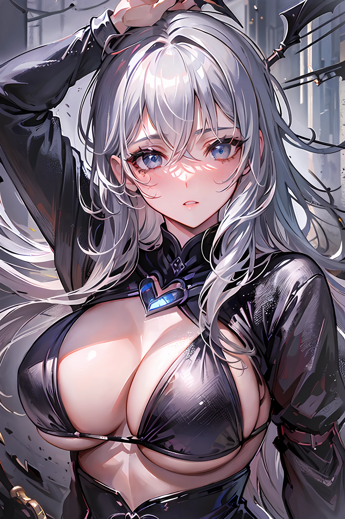 (((Masterpiece))), top quality, super detailed, blush, cute and playful, jet black swordsman, dark knight, black belt, gothic, spear, holding a spear, temple, dark place, silver hair, ripping breasts, fluffy hairstyle, elastic breasts, (((huge chest)).