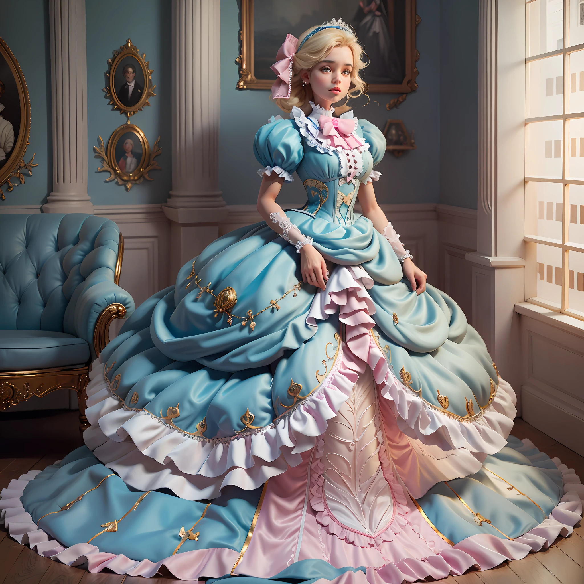 best quality, masterpiece, best definition, artwork, super detailed, many details, details, detailed, woman, 20 years, full body, full body, ball gown, super detailed dress, long dress, dress with many ruffles, dress with many bows, pink bows, victorian dress, detailed victorian dress, victorian dress with bows, pink, ruffles, many ruffles, very bulky dress, light blue dress, dress with ruffles, bows, many bows, woman, full body, blonde hair.