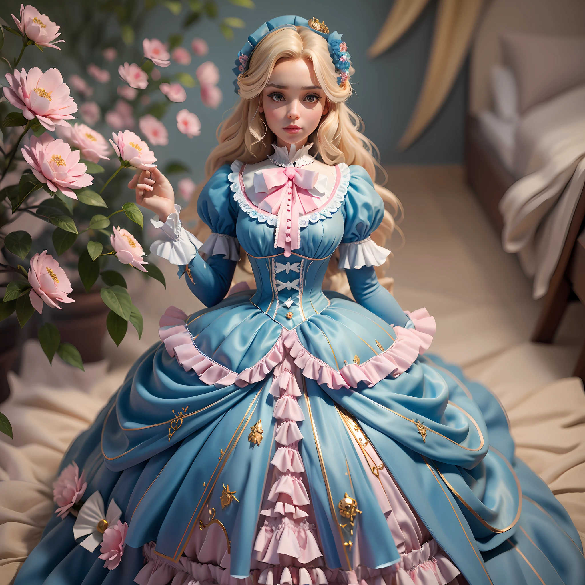 best quality, masterpiece, best definition, artwork, super detailed, many details, details, detailed, woman, 20 years, full body, full body, ball gown, super detailed dress, long dress, dress with many ruffles, dress with many bows, pink bows, victorian dress, detailed victorian dress, victorian dress with bows, pink, ruffles, many ruffles, very bulky dress,  light blue dress, dress with ruffles, bows, many bows, woman, full body, blonde hair.