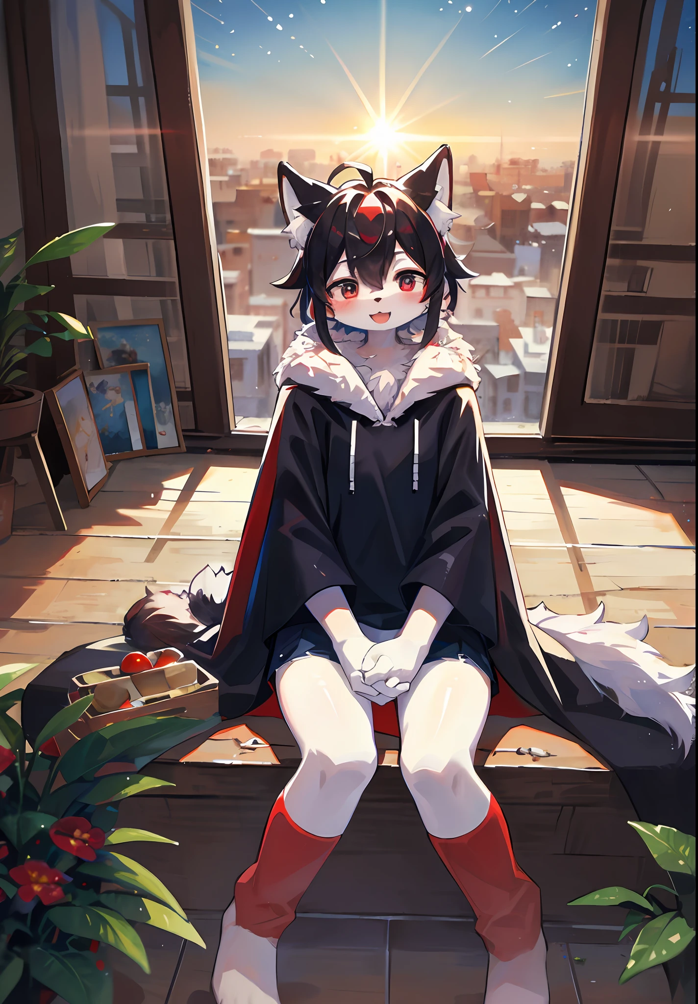 (masterpiece:1.3), (2D:1.0), (anime:1.0), (illustration:1.0), (sharp:1.2), (hard light:1.0), (shadow:1.0),(reflection, refraction:0.8), (light, dappled light, glare, lens flare, Tyndall effect: 1.0), (sharp, shiny: 1.0), (Best Quality: 1.2), (Ultra Fine: 1.0), (Extremely Complex: 1.0), (Blurred foreground, Cinematic Light, Ray Tracing: 1.1), (bright_colors, dark_intense_shadows: 1.1), (Impasto, Colorful: 1.2), (warm_light_from_below, glow_white_ particles:1.1),(Ensemble_Stars! _\(style\):0.95). wolf_boy,anthro,uploaded_on_e621,solo,upper_body,cowbow_shot,male_focus,furry_kemono,furry_male,cub,young_male,bishounen,11_years_old,kawaii,cute,fancy,fragile,cool, handsome. detailed_fluffy_fur,tuft,(white_fur,body_fur,oil_skin,skin_with_fluffy_fur:1.3),animal_nose,animal_ear_fluff,fluffy_paws,pawpads,animal_hand,fluffy_big_tail。 Black clothes, (black and red hooded cape, red and black hoodie: 1.5), short male hair, black hair, purple eyes, closed eyes, bangs, red dull hair, open mouth, smile, light blush, goggles, hands up, red dagger, bottomless, (duck sitting, sitting: 1.2), looking at the audience. (night, starry_sky, crescent_moon, star_\(sky\), gem, plant, star_\(symbol), sparkle), outdoor, landscape