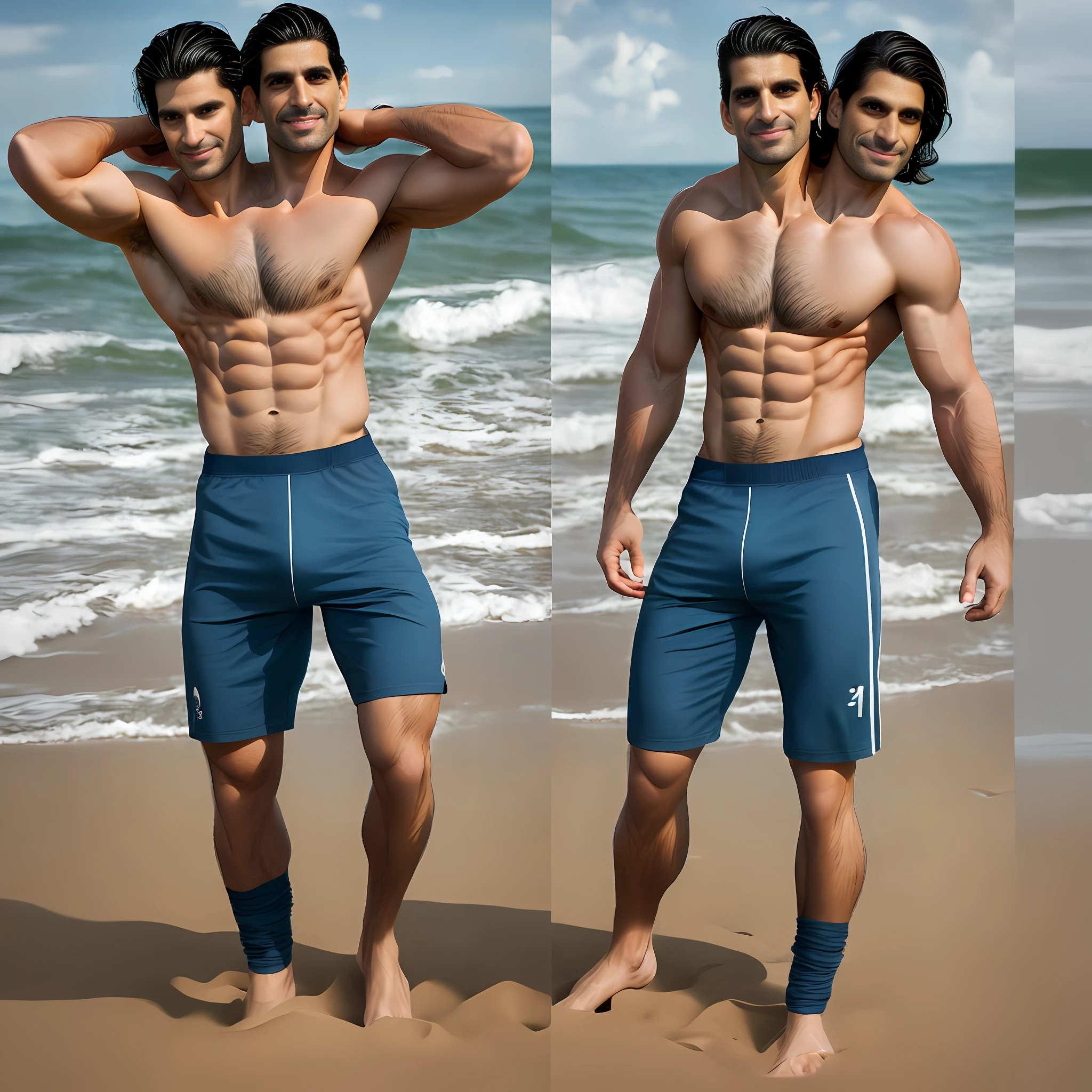 2heads, sexy 35 year old argentinian man, hairhyperrealism, no body hair, blonde and brunette, real person, realistic, ultra high definition, high resolution, lycra, square face, short wavy hair, brown eyes, smooth skin, not muscular,confident and mischievous, no backlight, sexy smile, at beach, striking rude pose, frontal, full body shot, male figure
