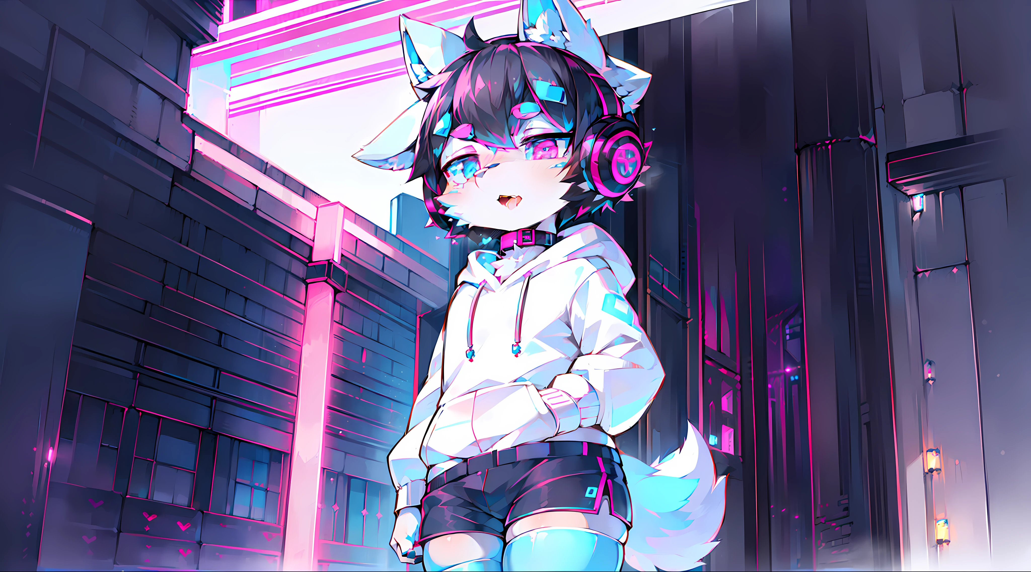 collar, (headphones:1.4), short hair, (black hair:1.35), (Thigh Highs:1.45), ((blue eyes:1.45)), ((pink eyes:1.35)), ((thin:1.55)), ((canine:1.44)), ((white body:1.36)), child, hoodie, soft, (((master piece))), snow fox, 1boy, neon city, shy, job youtuber or programmer, hide womb tattoo, (cute:1.45), long tail, wheezing, saliva trail, (short pants:1.35)
