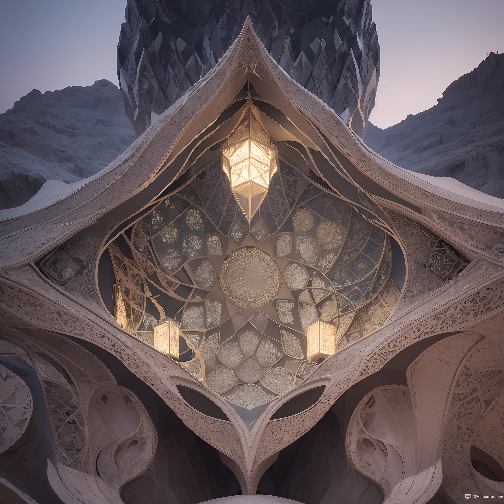 Futuristic Islamic architecture design of cave architecture concept art on desert oasis, islamic architecture, proportional,detailed, cave architecture nature meets futuristic architecture by Toyo Ito ,residential area, futuristic development, high rise balconies, full of rock and glass facades, residential spaces carved from cliff side ,trending on artstation, beautiful lighting,In the style of Arabic calligraphy masterpiece, fantasy, intricate, award winning, 4k, highest quality render --auto --s2