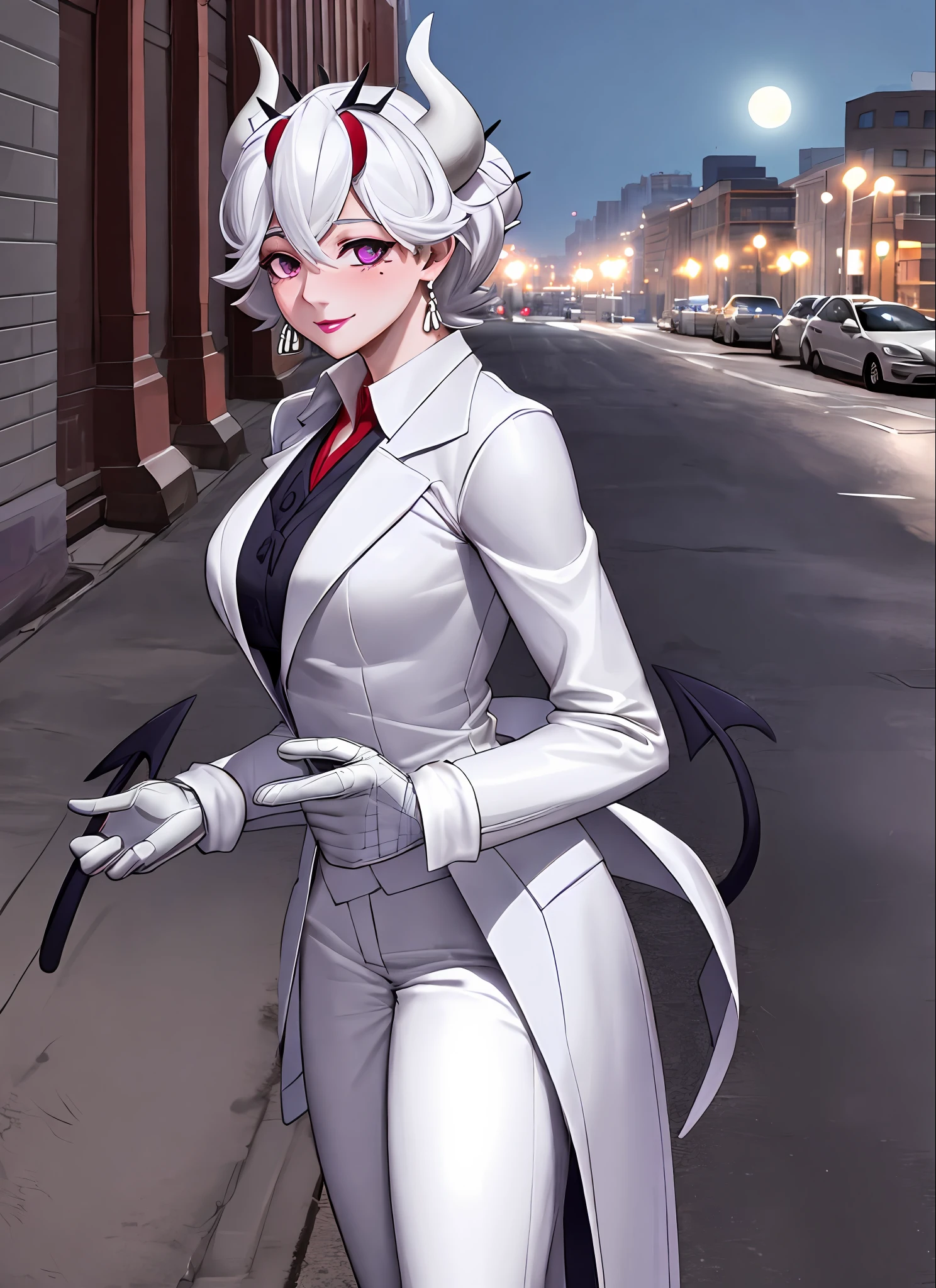 (masterpiece, absurd, high quality, best quality, ultra-detailed, beautiful), perfect eyes, perfect face, perfect lighting, textured skin, beautiful detailed face, (detailed face: 1.4), beautiful detailed eyes, ambient light, realistic shadows, beautiful detailed pupils, cute, 1girl, solo, solo focus, beelzebub, short hair, white hair, demon girl, demon tail, red eyes, white horns, purple lipstick, lips, blush, white fur coat, (white coat of trimmed skin:1.3), outdoors, street, (night:1.2), cars in the back, headlights, church in the background, lights, moon, looking at the viewer, walking, smiling, from the side, full body, rich, expensive, jewelry