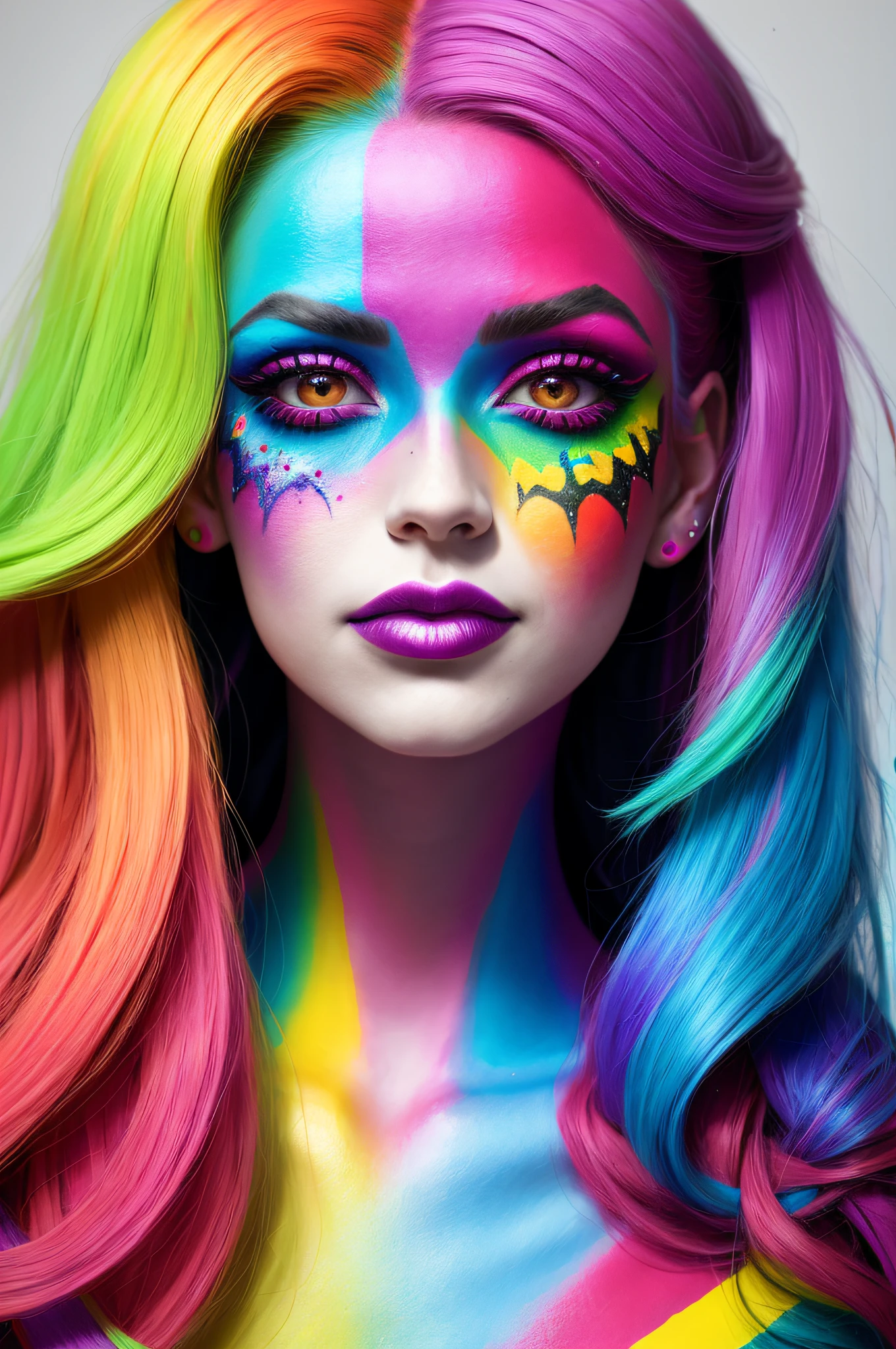 a woman with colorful makeup and rainbow paint on her face, creative colorfull - makeup, colorful photo, creative makeup, color photograph portrait 4k, colorful picture, colorful, colorfully, colorful rave makeup, pop art look, color portrait, painted face, beautiful and colorful, colorful photograph, colorful mood, bright and colorful, painted look, portrait color glamour