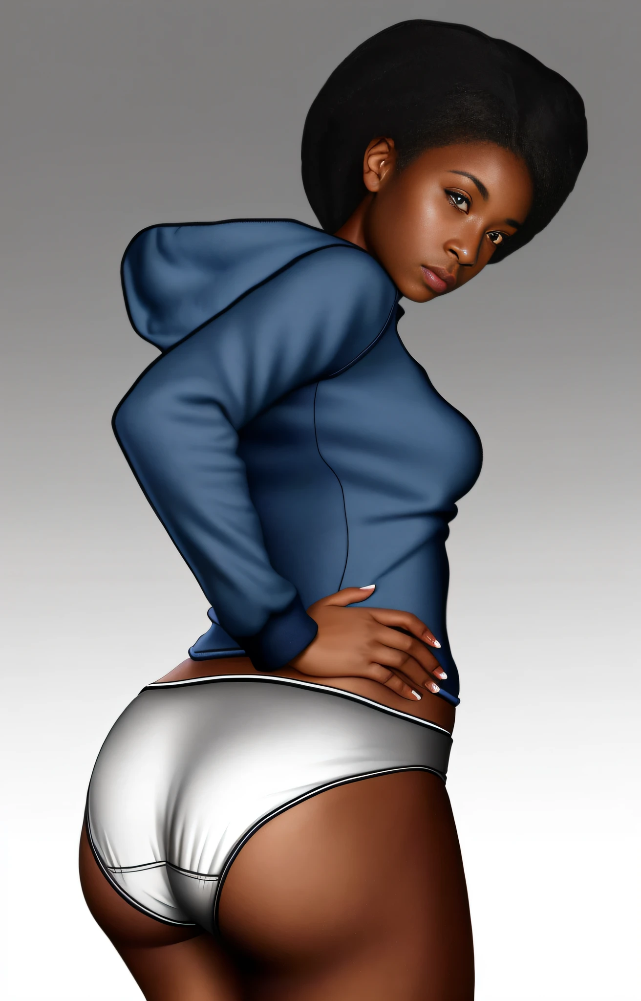 black woman in blue hoodie and white fullback panties, photo realistic