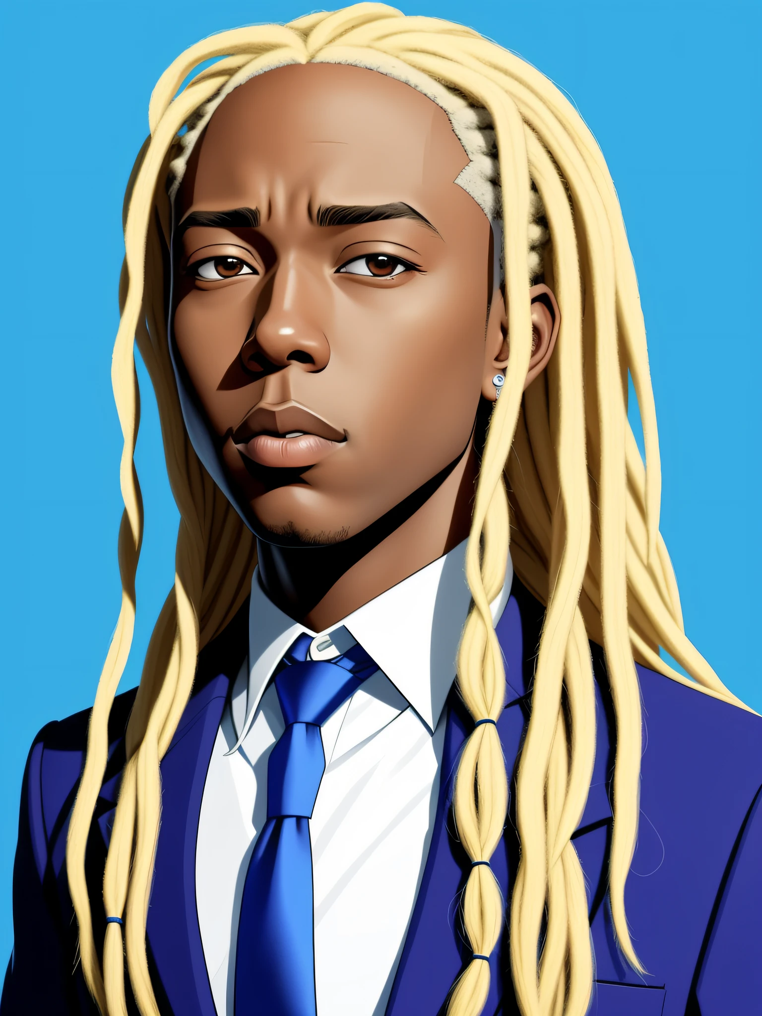 Tyler The Creator with blonde long dreadlocks that covers his eyes and blue suit, in the style of The Boondocks, all geometrically correct, proportionate face, high detail, concept art, character art, detailed eyes, detailed lips, detailed nose