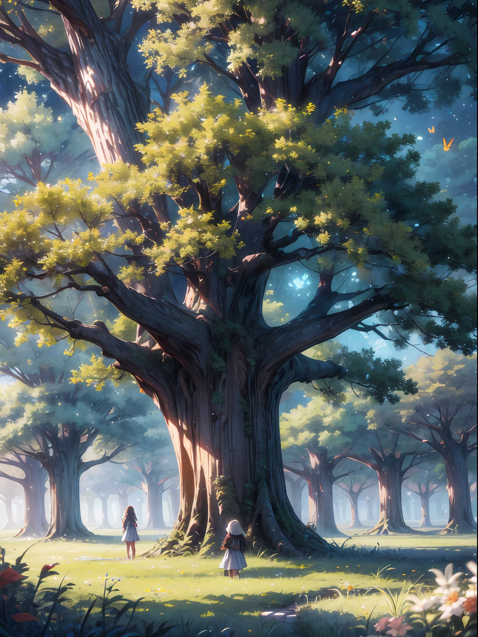 1 giant tree on the middle of a vast plains, giant tree,World tree, leafy tree, thick trunk, with colorful leaves and flowers, night sky, nocturnal, gray, a girl standing under the tree, BREAK firefly, colorful glowing butterfly, flying petal, BREAK,Detailed,Realistic,4k highly detailed digital art,octane render, bioluminescent, BREAK 8K resolution concept art, realism,by Mappa studios,masterpiece,best quality,official art,illustration,ligne claire,(cool_color),perfect composition,absurdres, fantasy,focused,rule of thirds