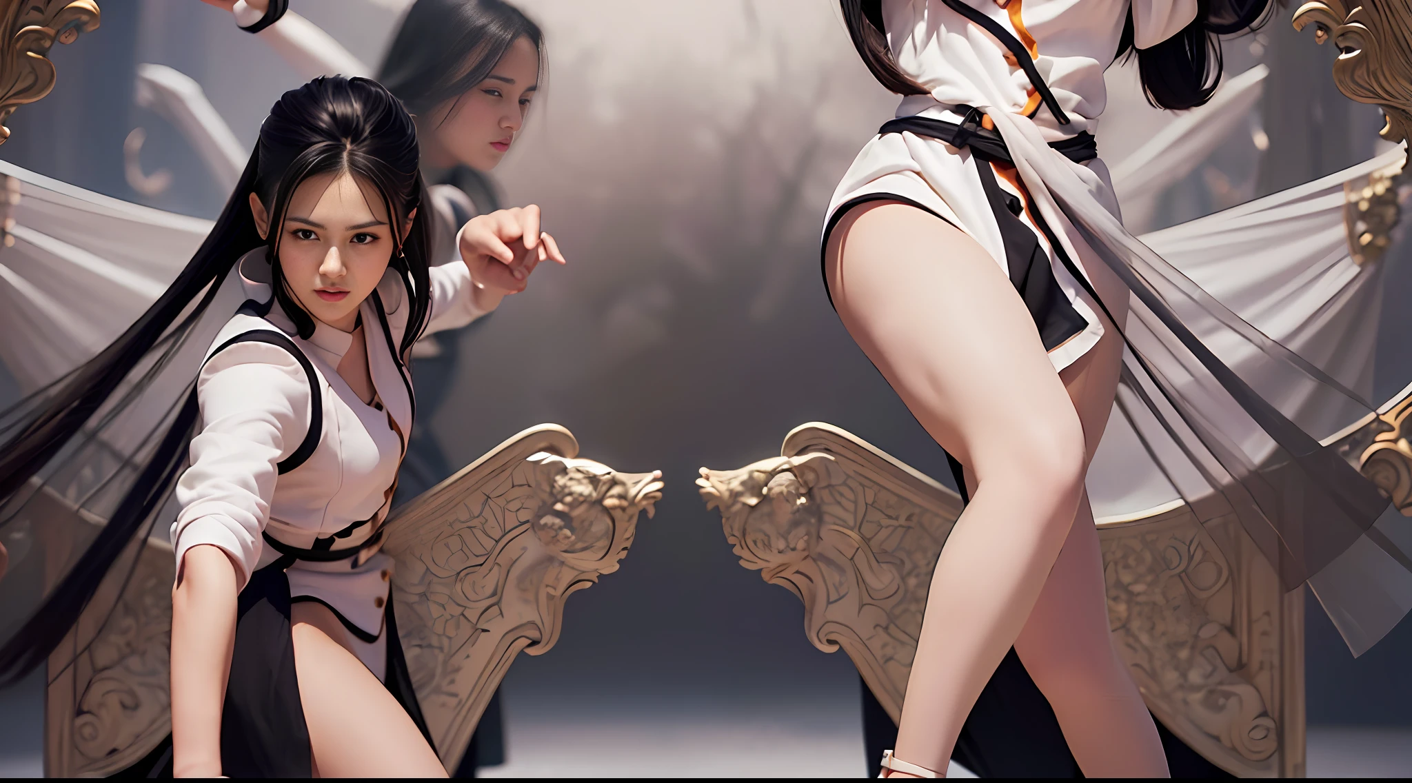 ((same character, front, side, back, full body: 1.5)), (masterpiece, best quality: 1.2), ((full body shot)), solo, 1 woman, [Di Li Gerba: Zhao Liying: 0.6], long legs, robe, black shorts, dynamic pose, dynamic line, symmetrical eyes, perfect detailed face, environment scene change, pose too, (skindentation:1.5), realistic, (masterpiece:1.5), highly detailed, 8k, dynamic pose with best quality, high resolution, (realistic face:1.1), (hyperreal:1.1), perfect eyes, (shiny skin: 1.2), (((hairstyle)), ((perfect hands)), ((1girl), (detailed eyes, high quality eyes, high quality face))