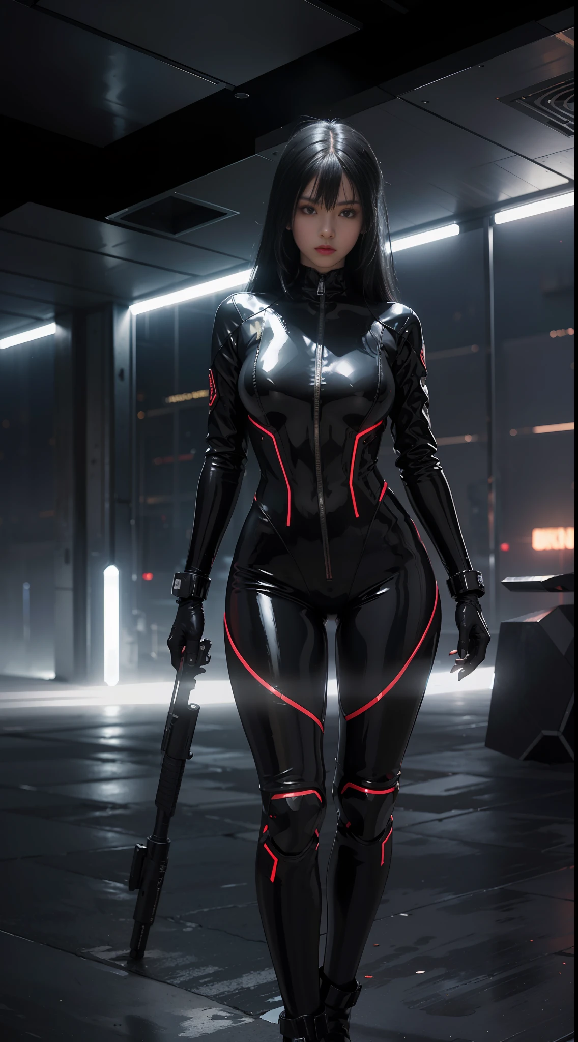 solo, super fine photo, portrait Unreal Engine 5 8K UHD of a girl in a skin tight futuristic black latex battle suit with white jacket, slick black catsuit, black iconic character, smooth black skin, black body, PVC, glossy latex suit, rubber suit, rubber belts, collar, futuristic full face helmet, futuristic rubber glove, futuristic high boots, arm and leg cuffs, straps, cyberpunk world, have a gun, best quality, masterpiece, official art, unified 8k wallpaper, super detailed, sharp focus, dynamic pose, body parts, no extra limbs, precisely anatomy