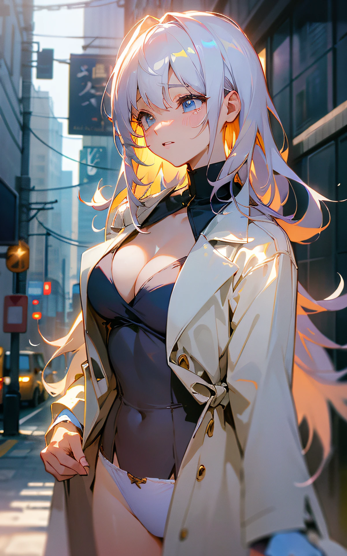 (Original Character、Unity 16K Wallpaper, Masterpiece, Best Quality, Ultra-Detailed, Extremely Detailed, Caustics, Cinematic Lighting, Detailed, Beautiful Detailed Eyes), Ultra High Resolution, fine skin, (busy city、strong light,30 years old,Slut,flasher、cryingtears、showing white panties)、(brighten the subject、undressing,open long coat,hair color,looking away),casual、cleavage