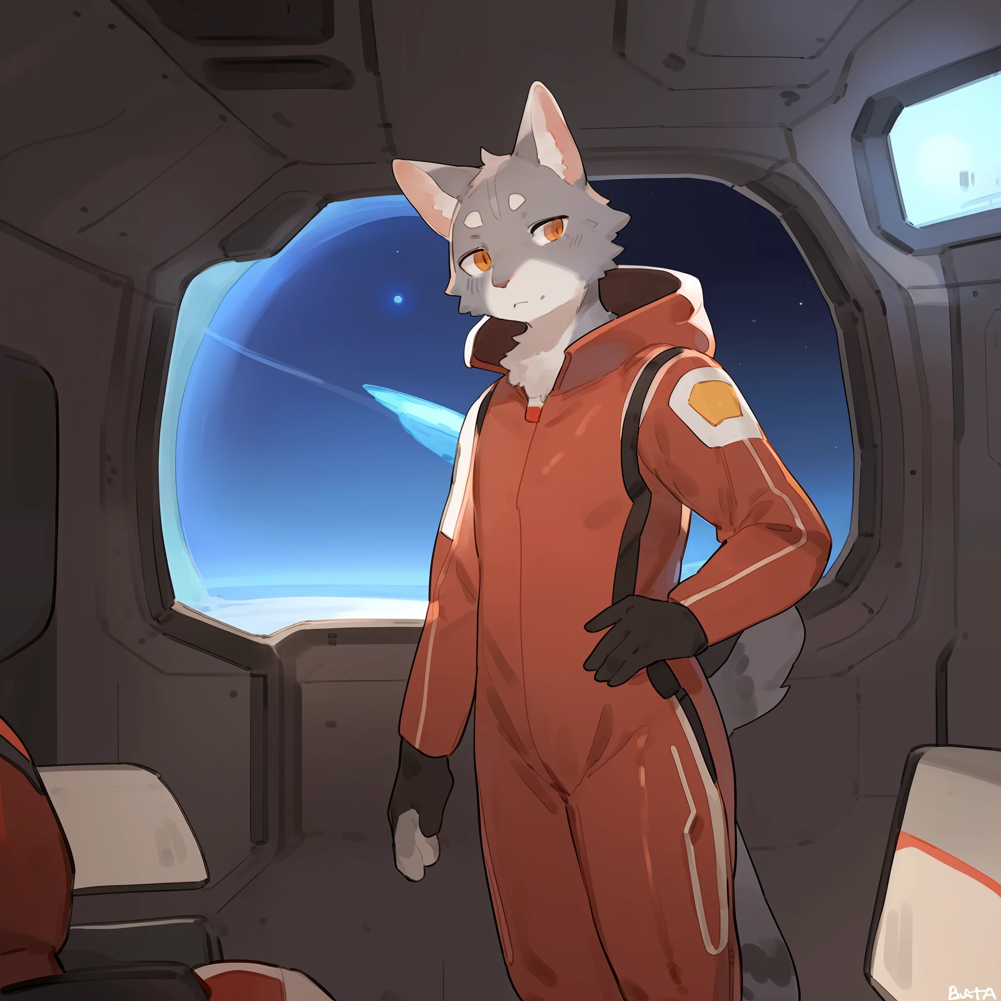 View from a distant of a grey cat with brown hair facing away from the viewer, wearing a red spacesuit and looking out a massive spaceship window at a detailed planet in the far distant, by bebebebebe, ((by buta99))