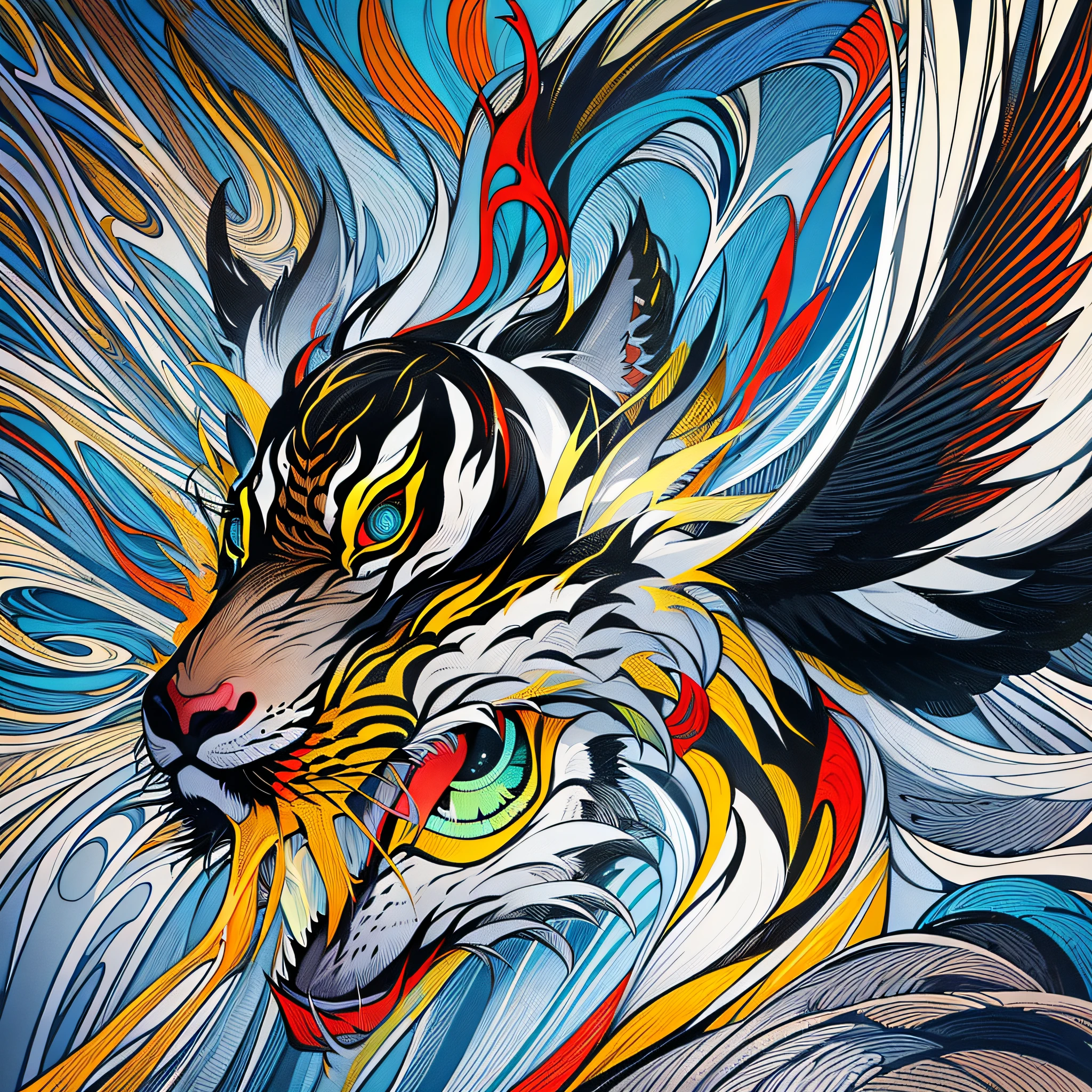 There is a picture of a horse's body, a human face, a picture with the wings of a bird, a beast, the body of a tiger, Akira in Chinese mythology, inspired by Nōami, okami, tiger face, asura, low detail in Chinese mythology. Digital painting, mythical creatures --auto --s2