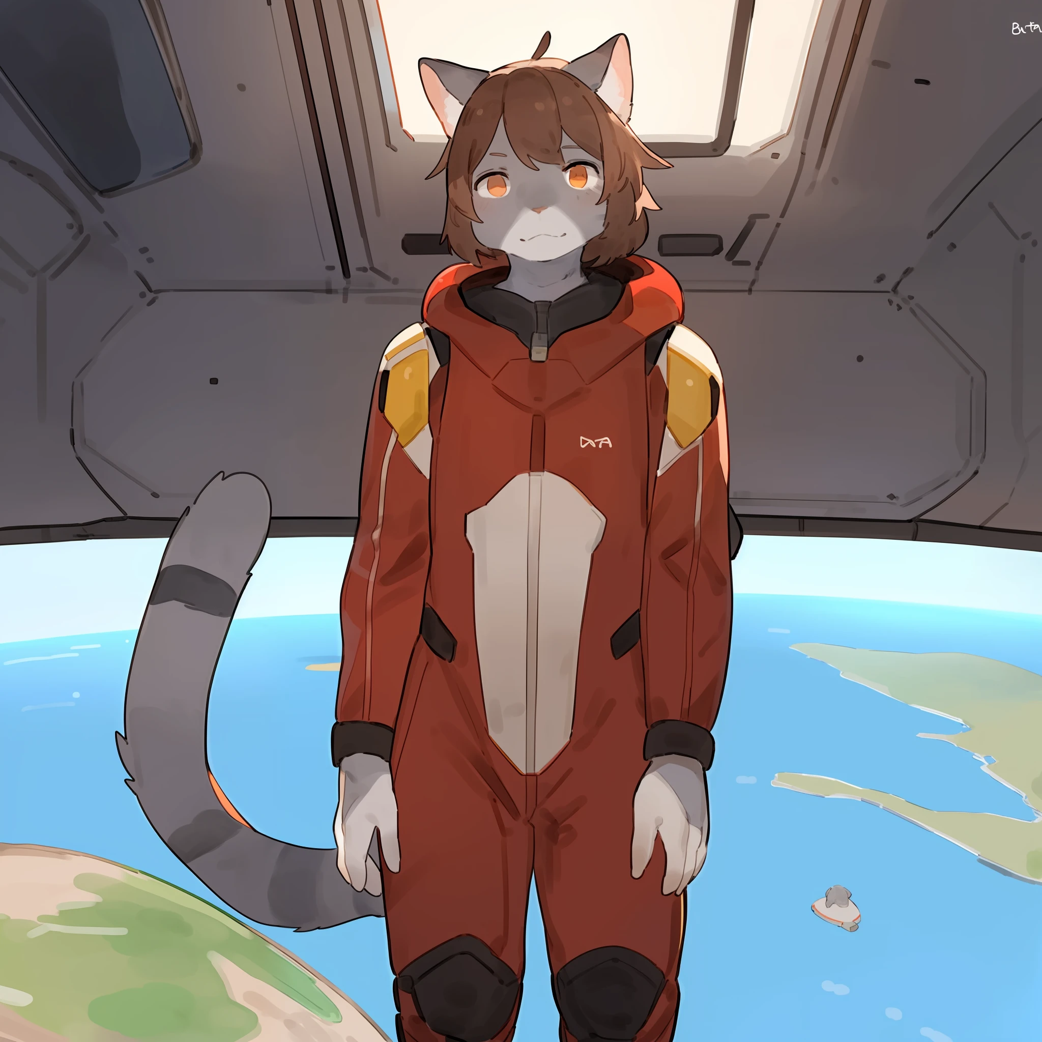 View from a distant of a grey cat with brown hair facing away from the viewer, wearing a red spacesuit and looking out a massive spaceship window at a detailed planet in the far distant, by bebebebebe, ((by buta99))