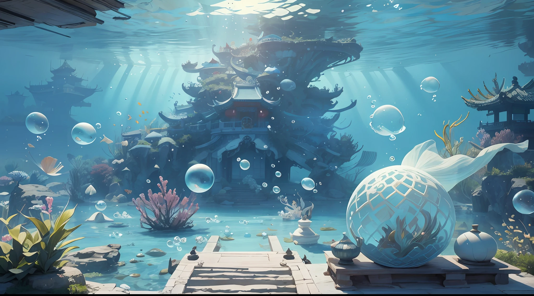 Ancient Chinese Palace, White Jade Palace Under the Sea, Underwater, Bubbles, Current, (Illustration: 1.0), Epic Composition, Natural Light, HD Details, Masterpiece, Best Quality, (Very Detailed CG Unity 8k Wallpaper)