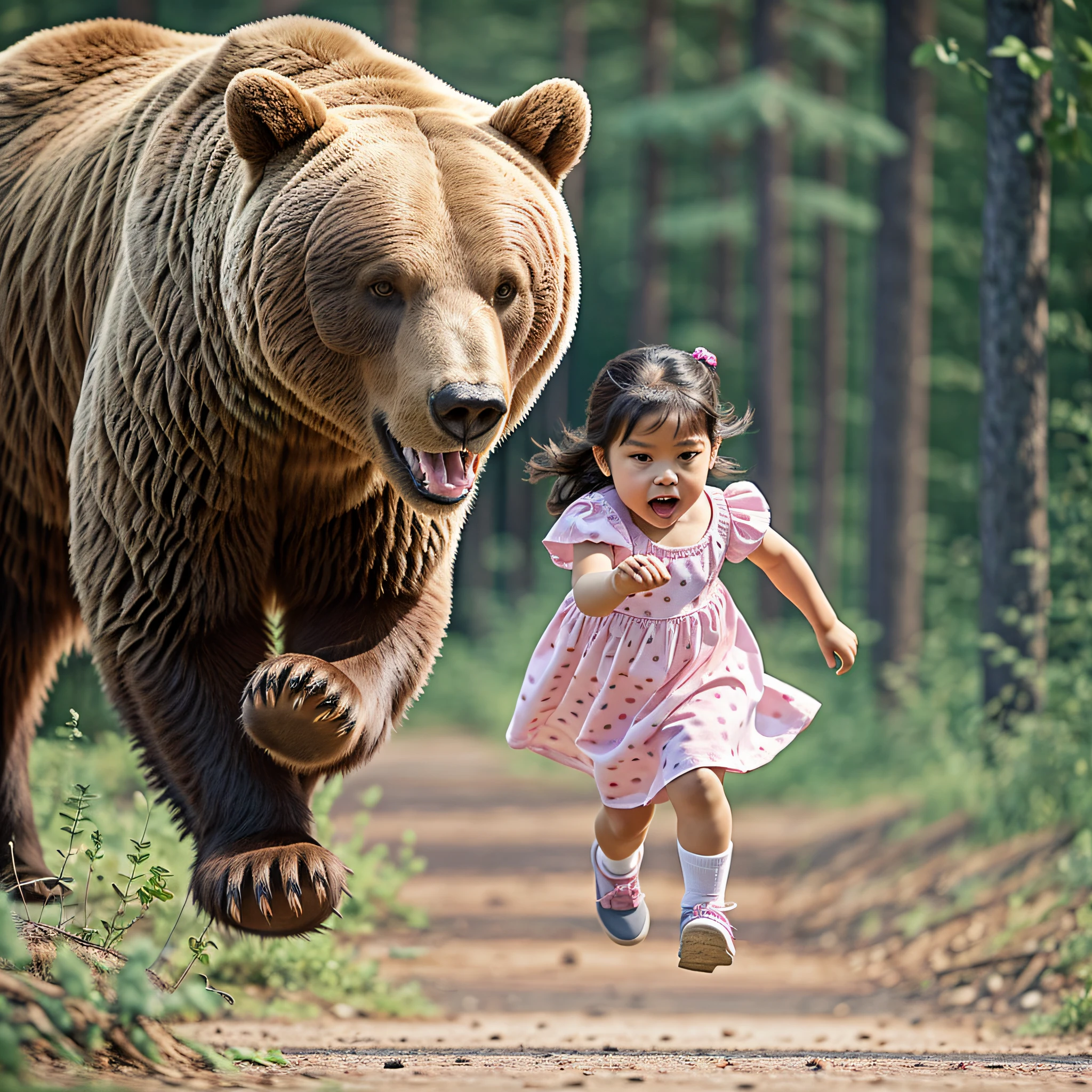 a ferocious bear, chasing a 5 girl, wearing a pink dress.(light spot) 8k realistic image. --auto --s2
