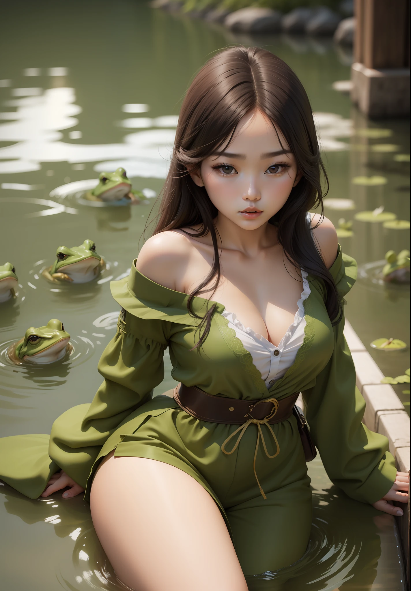 Gorgeous young Korean woman fighting frogs