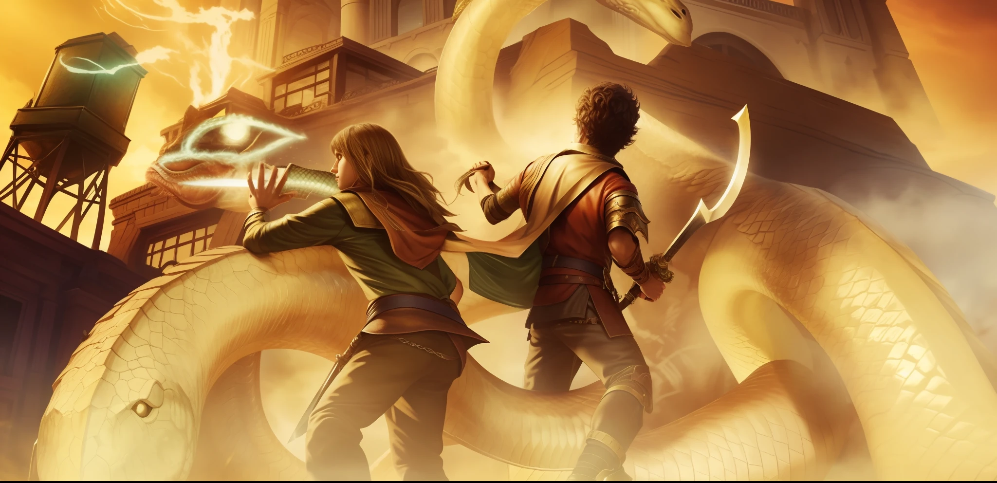 4k, realistic, very detailed, male ager with a sword and female teen with magic. Facing a giant serpent