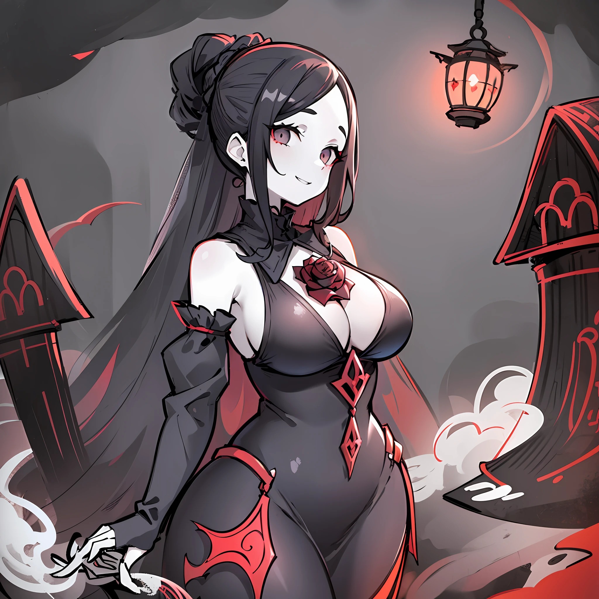 1girl, milf, pale skin, black eyes, black hair, hair tied up, red rose in hair, vampire, black dress, black face veil, curvy, voluptuous, hourglass figure, plump, looking at viewer, cruel smile, village, village outskirts, fog, night, lantern light, low perspective, cruel , evil, mommy