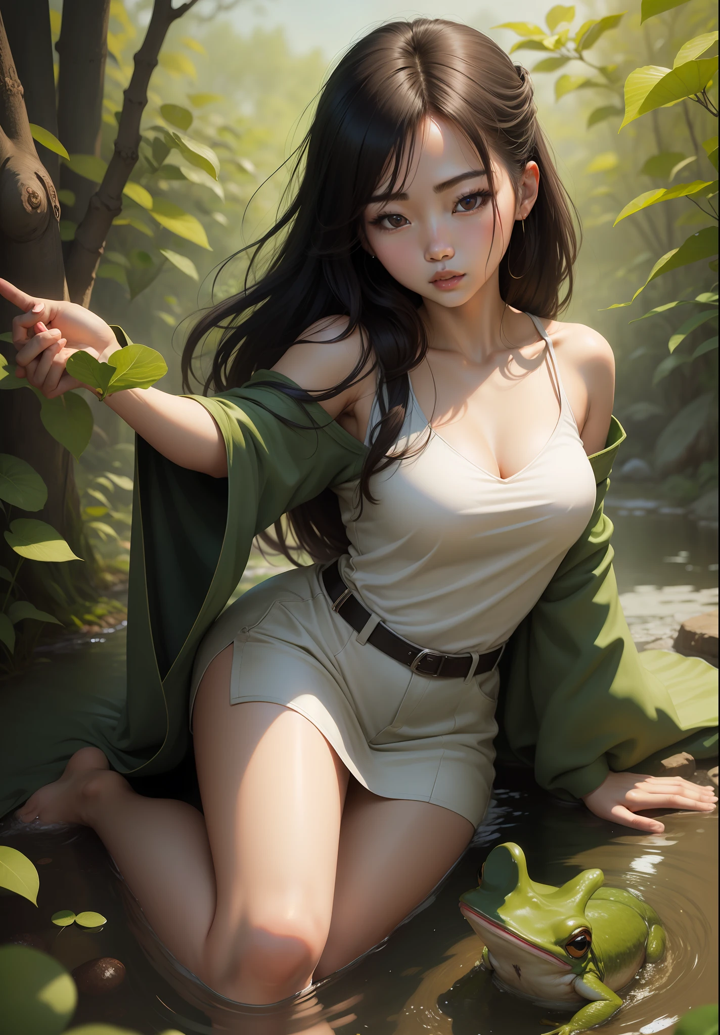 Gorgeous young Korean woman fighting frogs