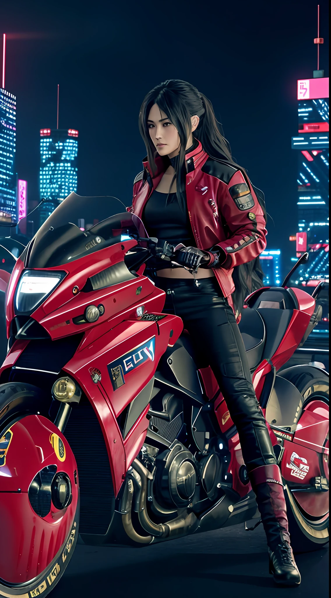 official art, unity 8k wallpaper, ultra detailed, beautiful and aesthetic, masterpiece, best quality, realist, long hair, black hair, akirabike red, cycling, night, cyberpunk city view, epic screen, cyberpunk uniform,