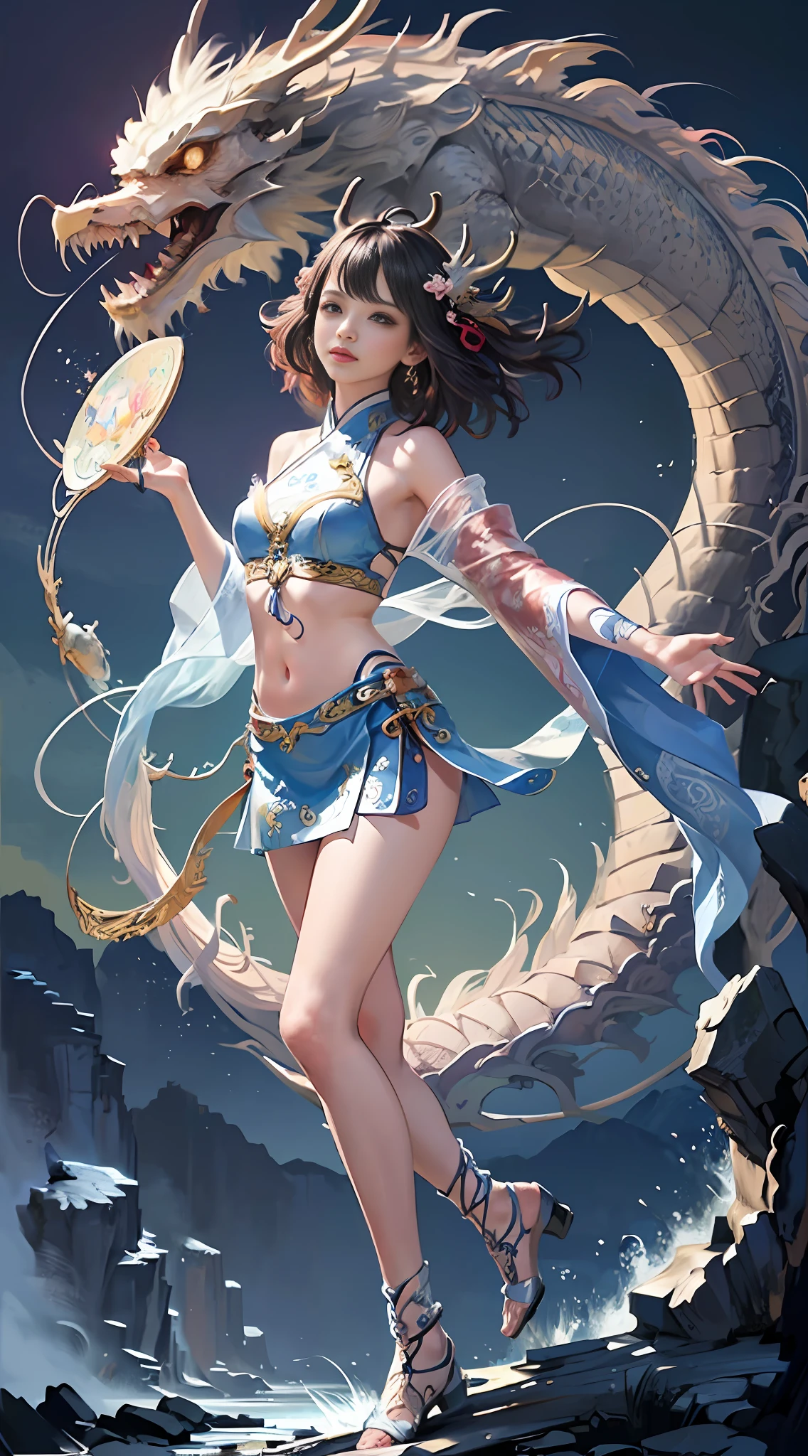 Official Art, Unified 8K Wallpapers, Ultra Detailed, Beautiful and Aesthetic, Masterpiece, Best Quality, (Zentangle, Tangle, Entangle), (fractal art: 1.4), (character center: 1.3), 1girl, black hair, Chinese, off-the-shoulders, short skirt, calf, navel, very detailed, dynamic angle, cowboyshot, (most beautiful form of chaos), ethereal, (bright colors), oc, (half: 1.2), china, (thangka flying sky: 1.5), (ribbon: 1.3), (dream: 1.5), (hanfu: 1.5), Chinese dragon, Chinese phoenix, (smile: 0.5), ( Chinese deities),