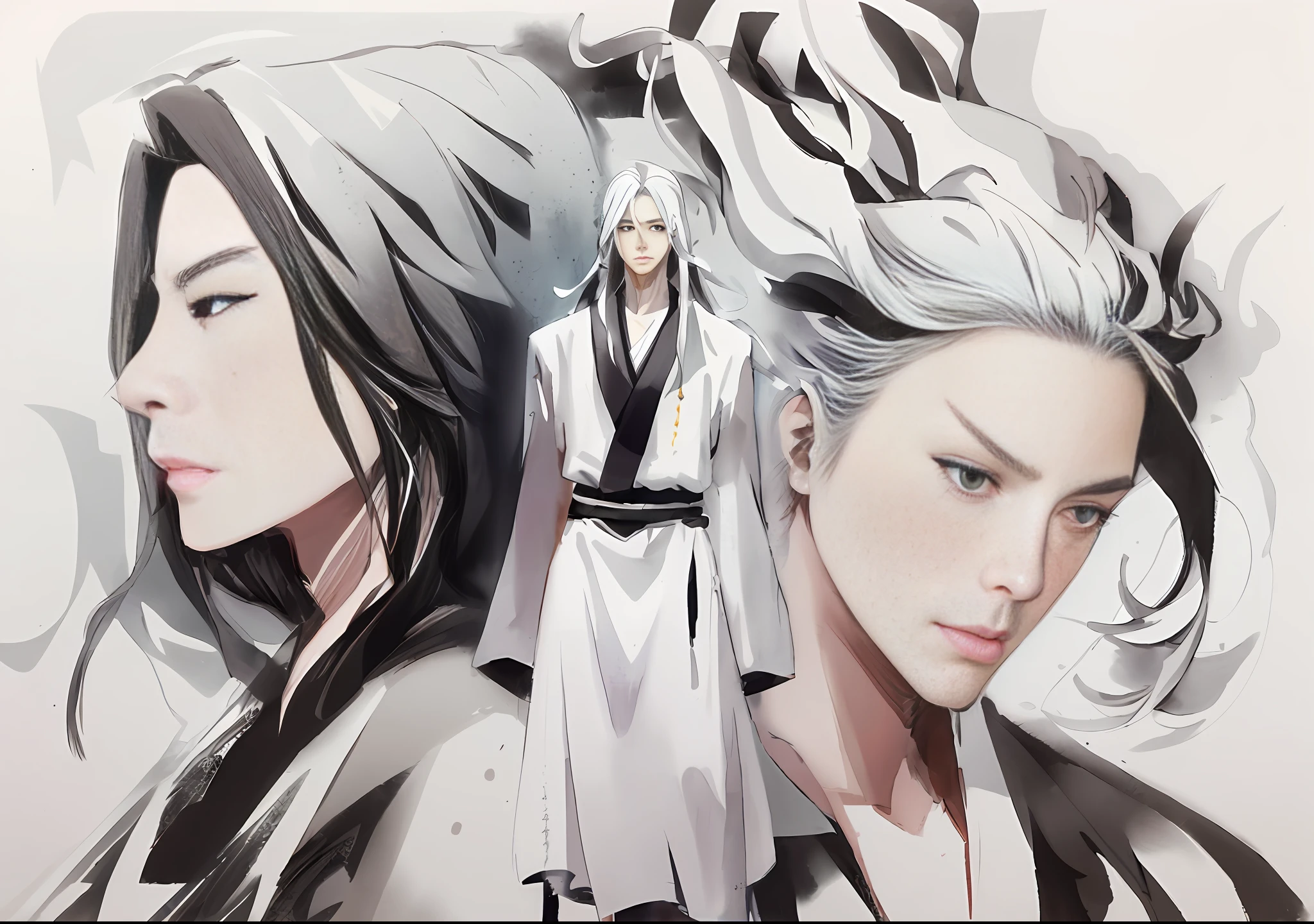 a drawing of two people with long hair and a sword, bleach manga style, flowing hair and long robes, black and white manga style, black and white manga page, black and white manga panel, black and white manga, black and white manga comic, inspired by Tōshūsai Sharaku, striking manga artstyle, official illustration, ink manga drawing