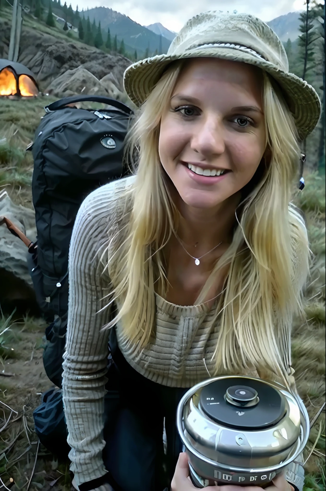 1 woman ((upper body selfie, happy)), masterpiece, best quality, ultra-detailed, ground, outdoor, (night), mountains, nature, (stars, moon) cheerful, happy, backpack, bag sleeping, camping stove, water bottle, mountain boots, gloves, sweater, hat, lantern, forest, stones, river, wood, smoke, shadows, contrast, clear sky, style, (warm hue, warm tone)