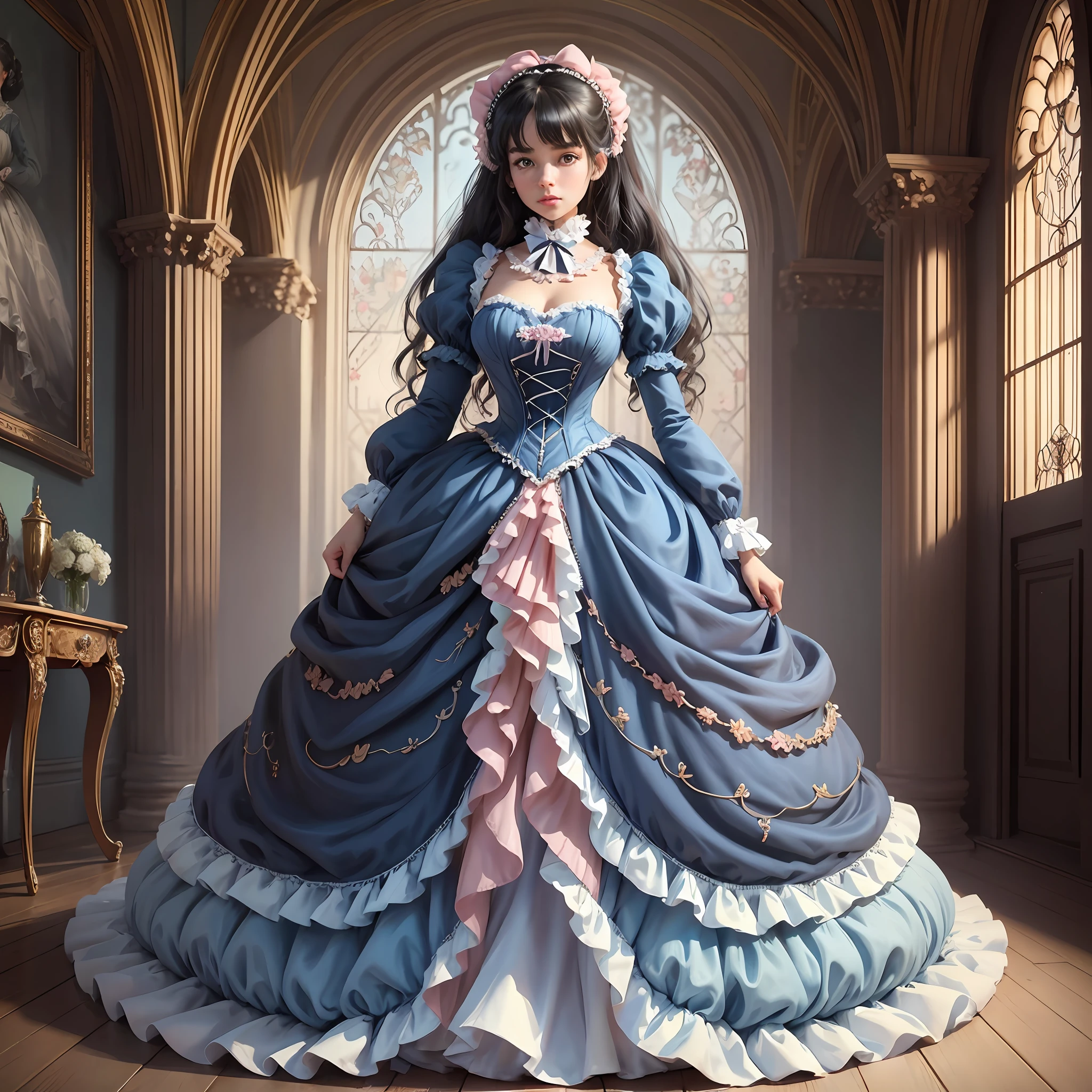 best quality, masterpiece, best definition, artwork, super detailed, many details, details, detailed, woman, 20 years, full body, full body, ball gown, super detailed dress, long dress, dress with many ruffles, dress with many bows, pink bows, victorian dress, detailed victorian dress, victorian dress with bows, pink, ruffles, many ruffles, very bulky dress,  light blue dress, dress with ruffles, bows, many bows, woman, full body, black hair.