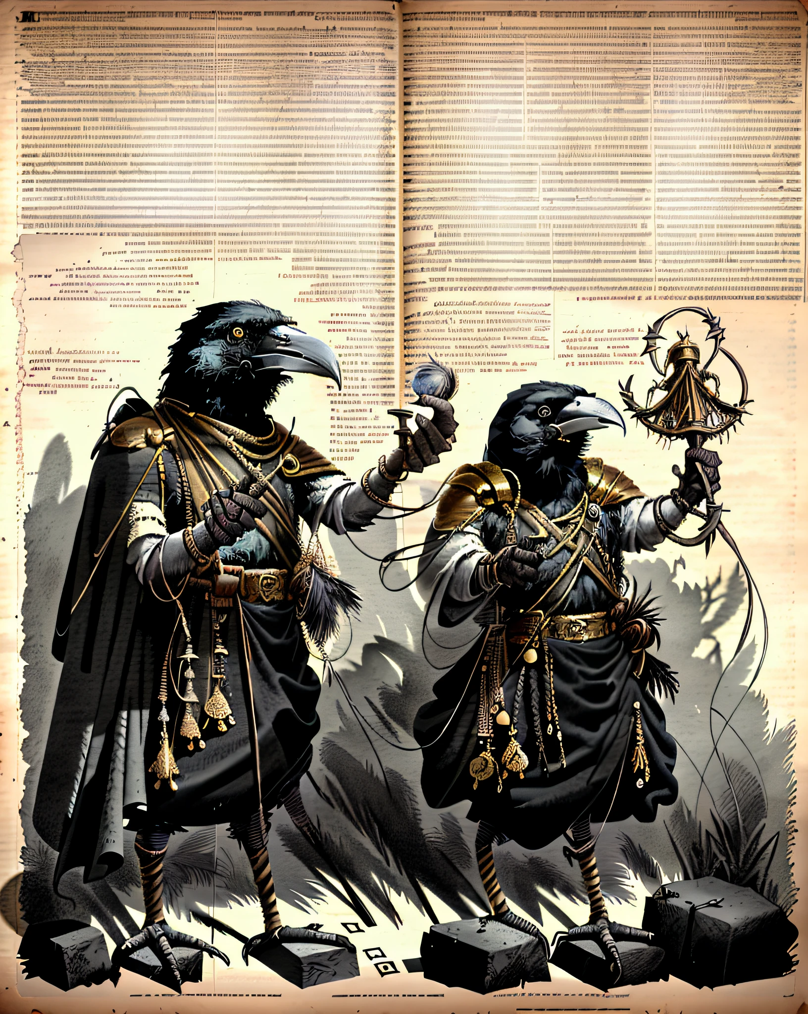 Medium Shot of Assyria, black Kenku_Person, Bard, Fantasy, warlock Iluminação volumétrica, concept art, brush stroke style, artstation, trending, highly detailed, arte por greg rutkowski , old drawing over paper