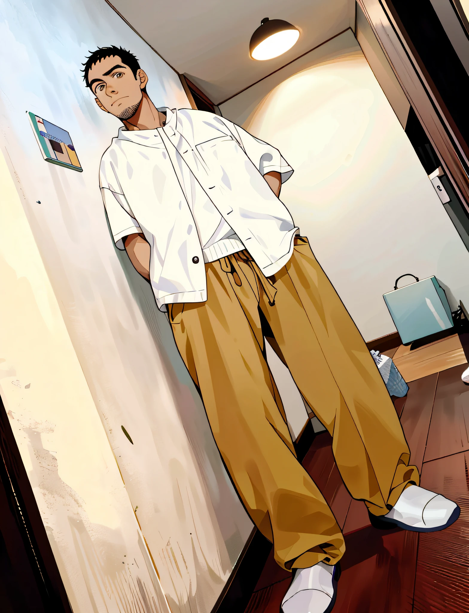 There is a handsome man standing in the hallway, hands crossed at the waist, dressed as a fisherman 🧥, on Instagram, in the style of Kentaro Miura!!