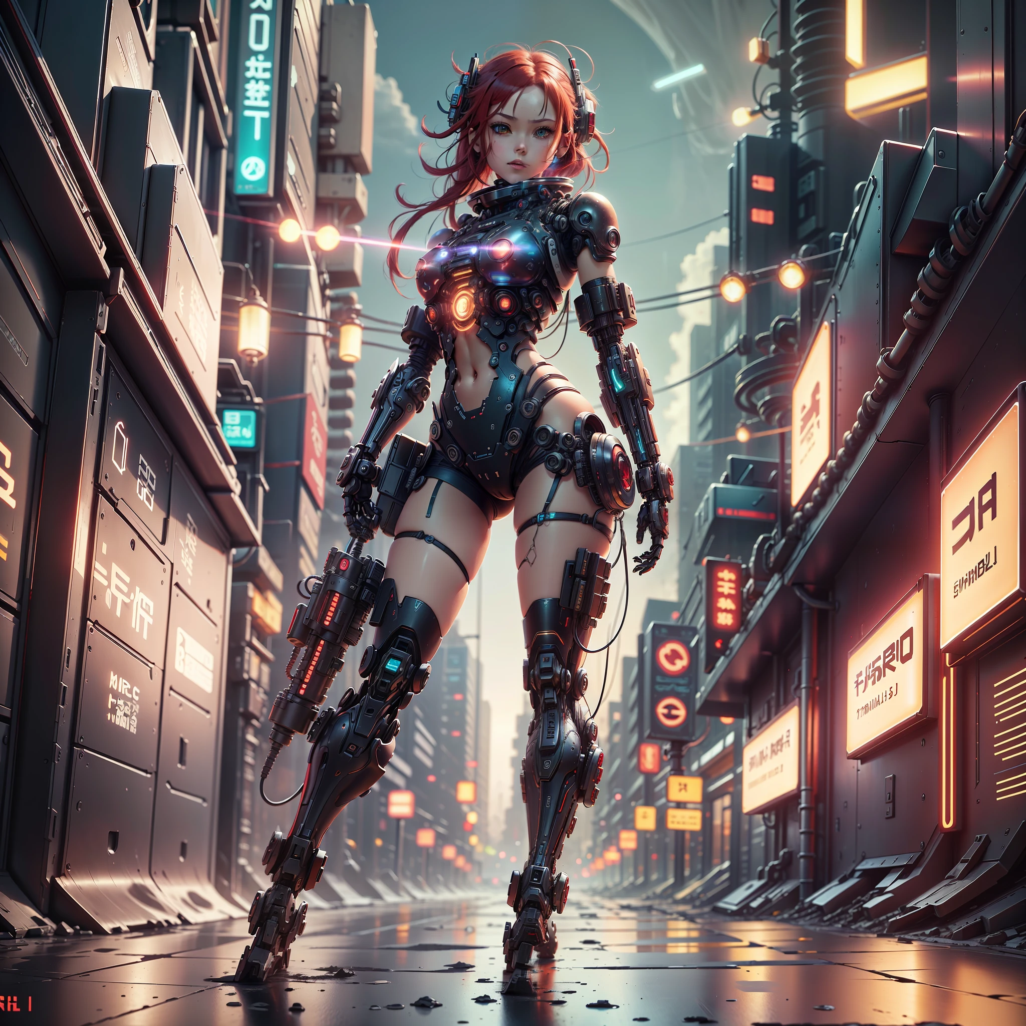 Girl | External Mech | | Red hair | Long legs | Combat | biopunk | cyberpunk | cyberpunk | Full body image | Canon M50 | 100 mm | Clear focus | Fluency | Surrealism | High detail | Intricate details --auto --s2