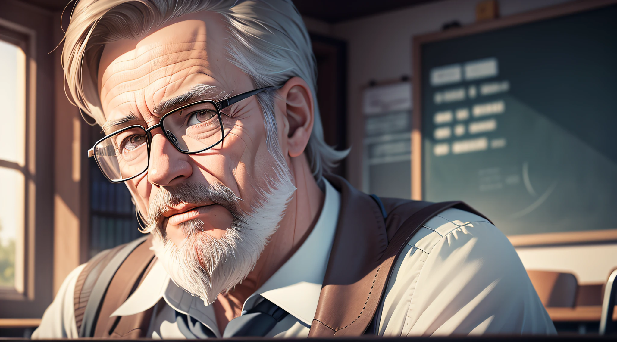 Drawing, ultra realistic, 8k, extremely detailed, in the best quality, a man, looking 50 years, teacher, with beard, and glasses, in a classroom.