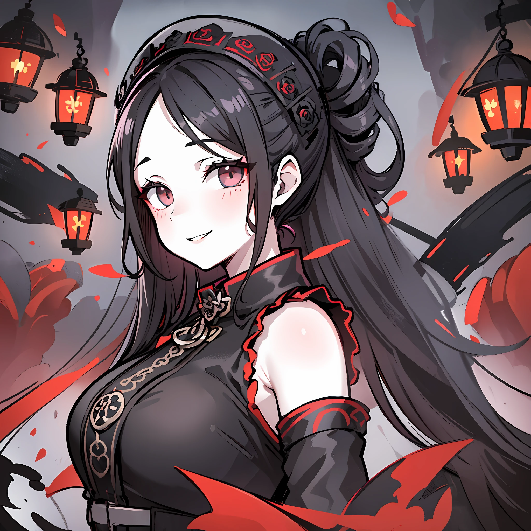 1girl, milf, pale skin, black eyes, black hair, hair tied up, red rose in hair, vampire, black dress, black face veil, curvy, voluptuous, hourglass figure, plump, looking at viewer, cruel smile, village, village outskirts, fog, night, lantern light, low perspective, cruel , evil, mommy, black lipstick