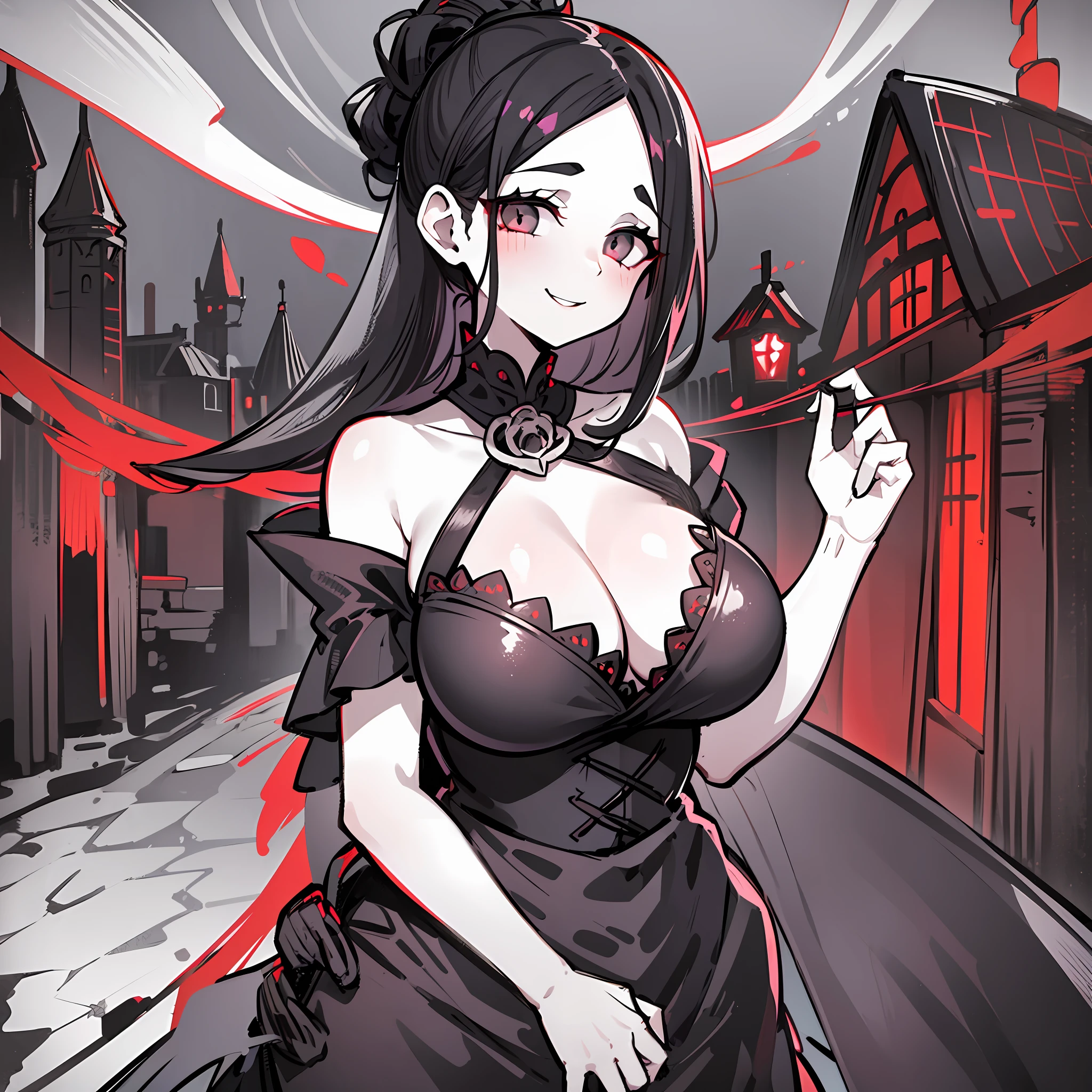 1girl, milf, pale skin, black eyes, black hair, hair tied up, red rose in hair, vampire, black dress, black face veil, curvy, voluptuous, hourglass figure, plump, looking at viewer, cruel smile, village, village outskirts, fog, night, lantern light, low perspective, cruel , evil, mommy, black lipstick