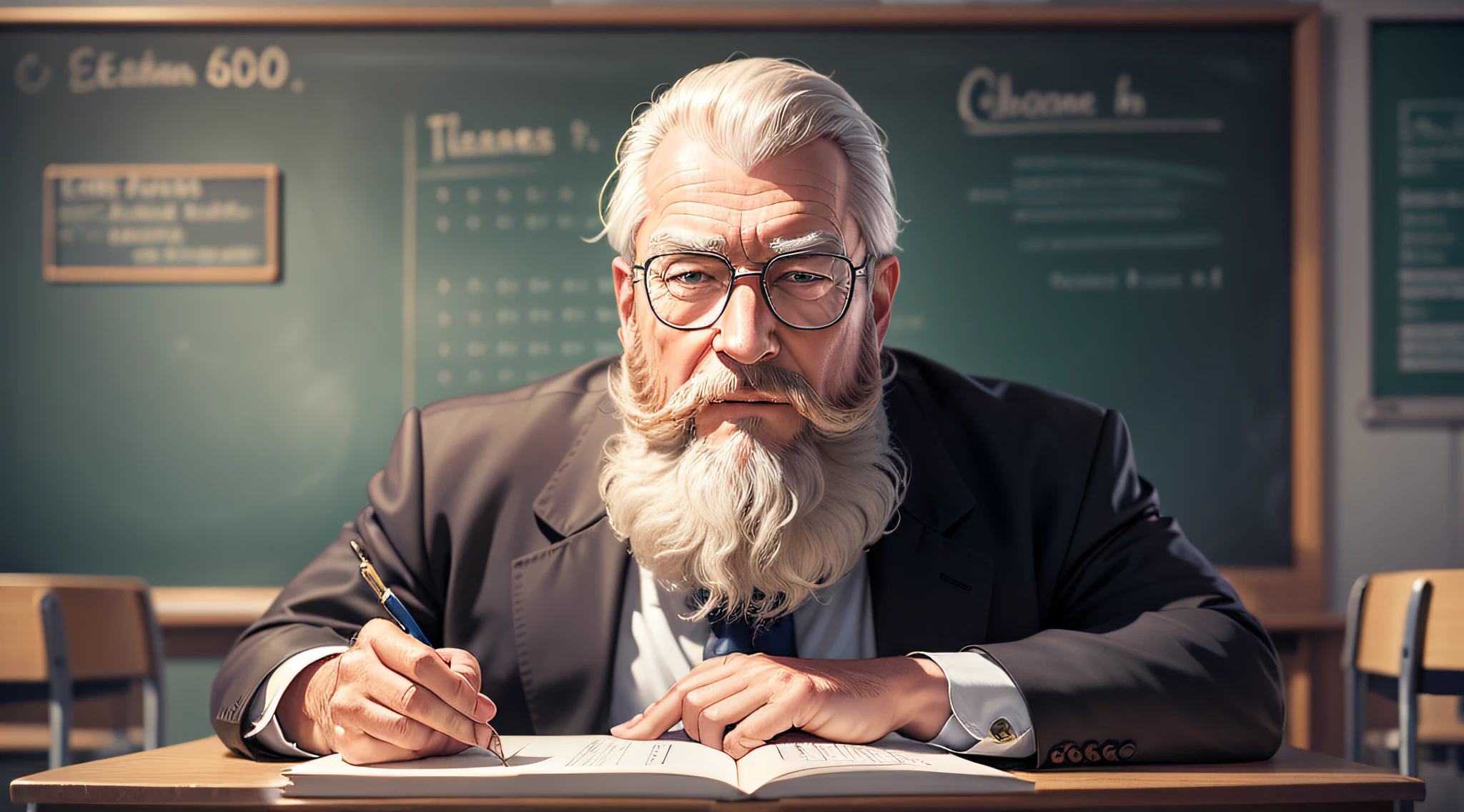 Drawing, ultra realistic, 8k, extremely detailed, in the best quality, a man, looking 50 years, teacher, with beard, and glasses, in a classroom.